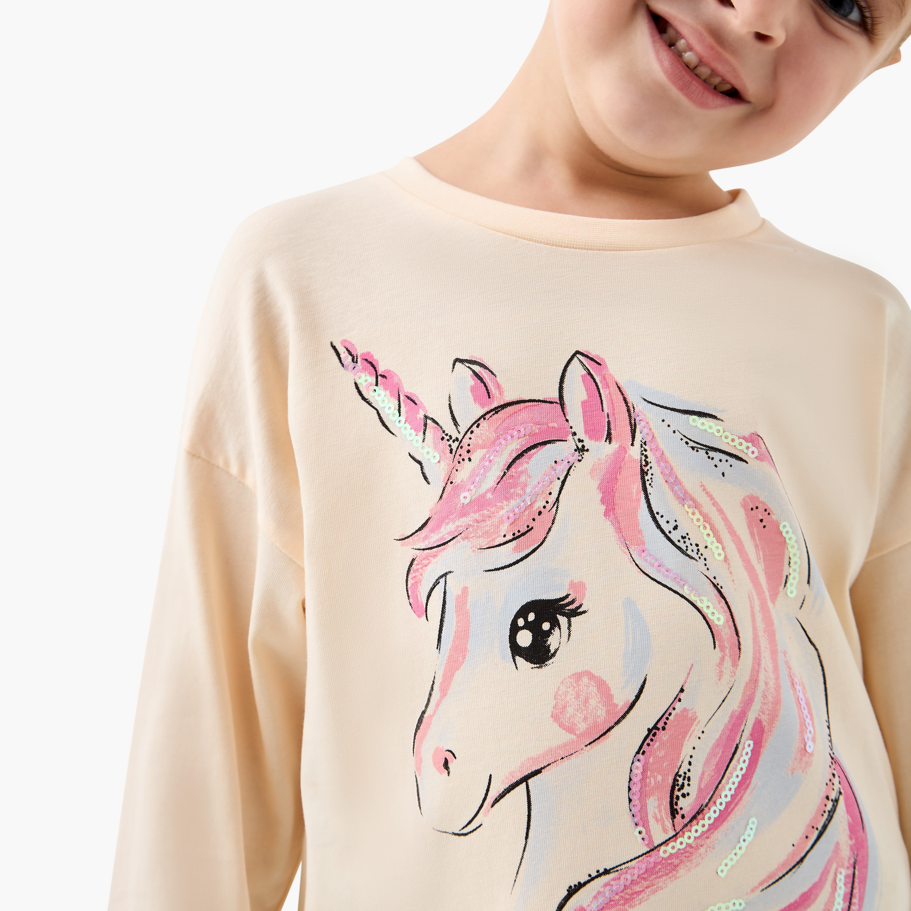 Juniors Unicorn Print Crew Neck T-shirt with Long Sleeves-girls-clothing-tshirts-image-4
