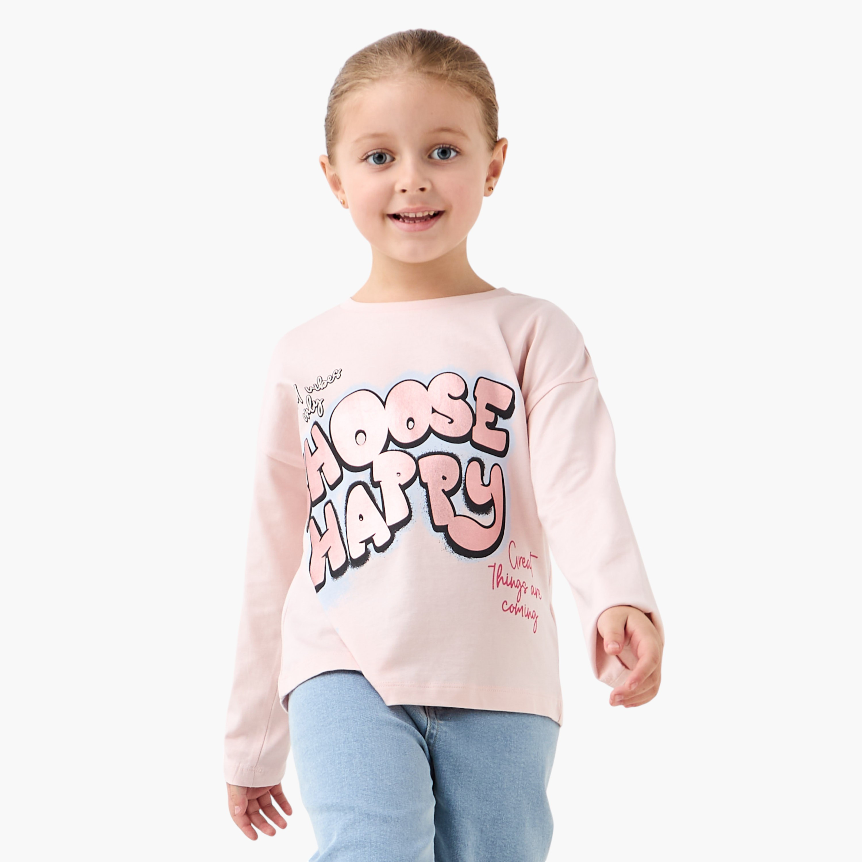 Juniors Slogan Print T-shirt with Crew Neck and Long Sleeves-girls-clothing-tshirts-image-1