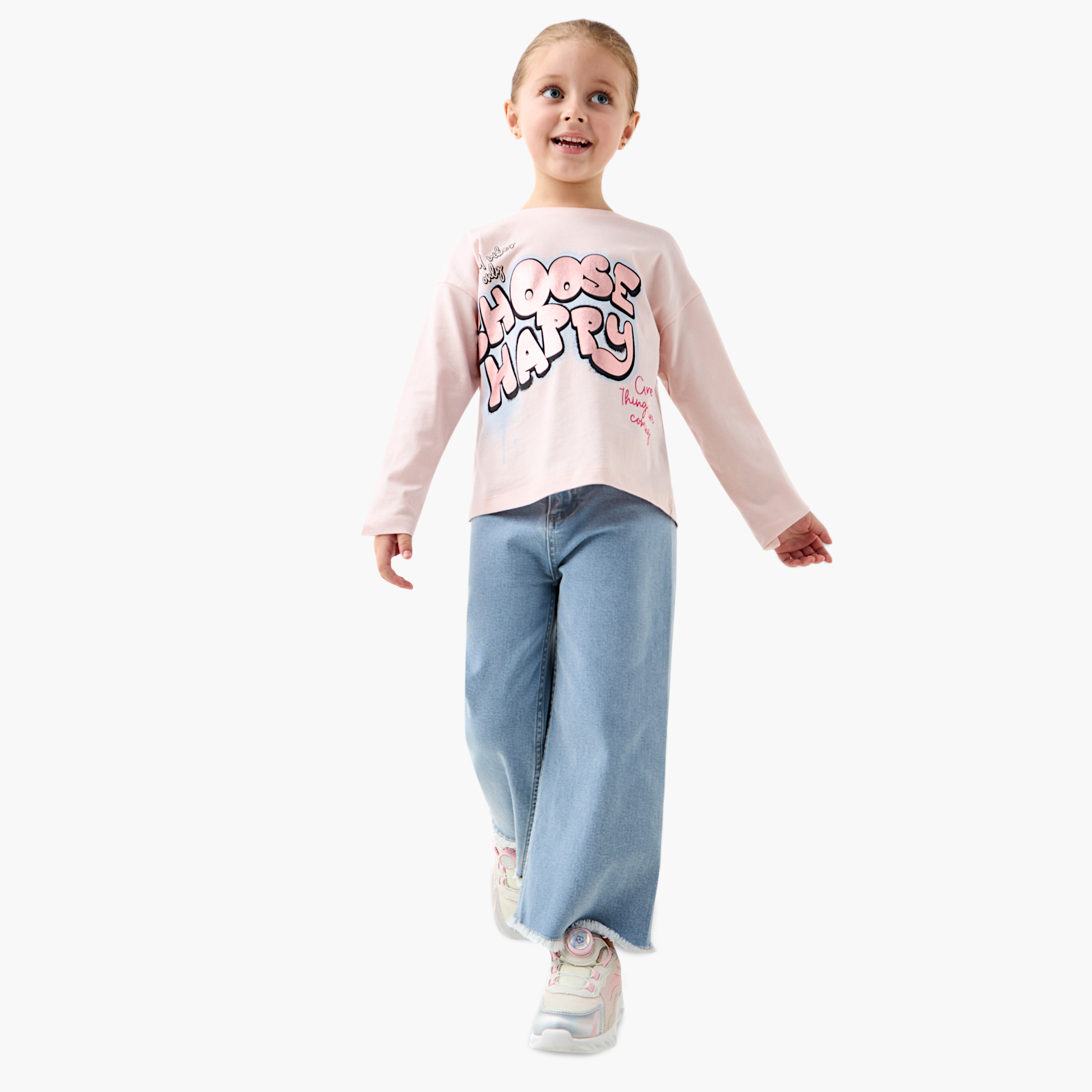 Juniors Slogan Print T-shirt with Crew Neck and Long Sleeves-girls-clothing-tshirts-image-2