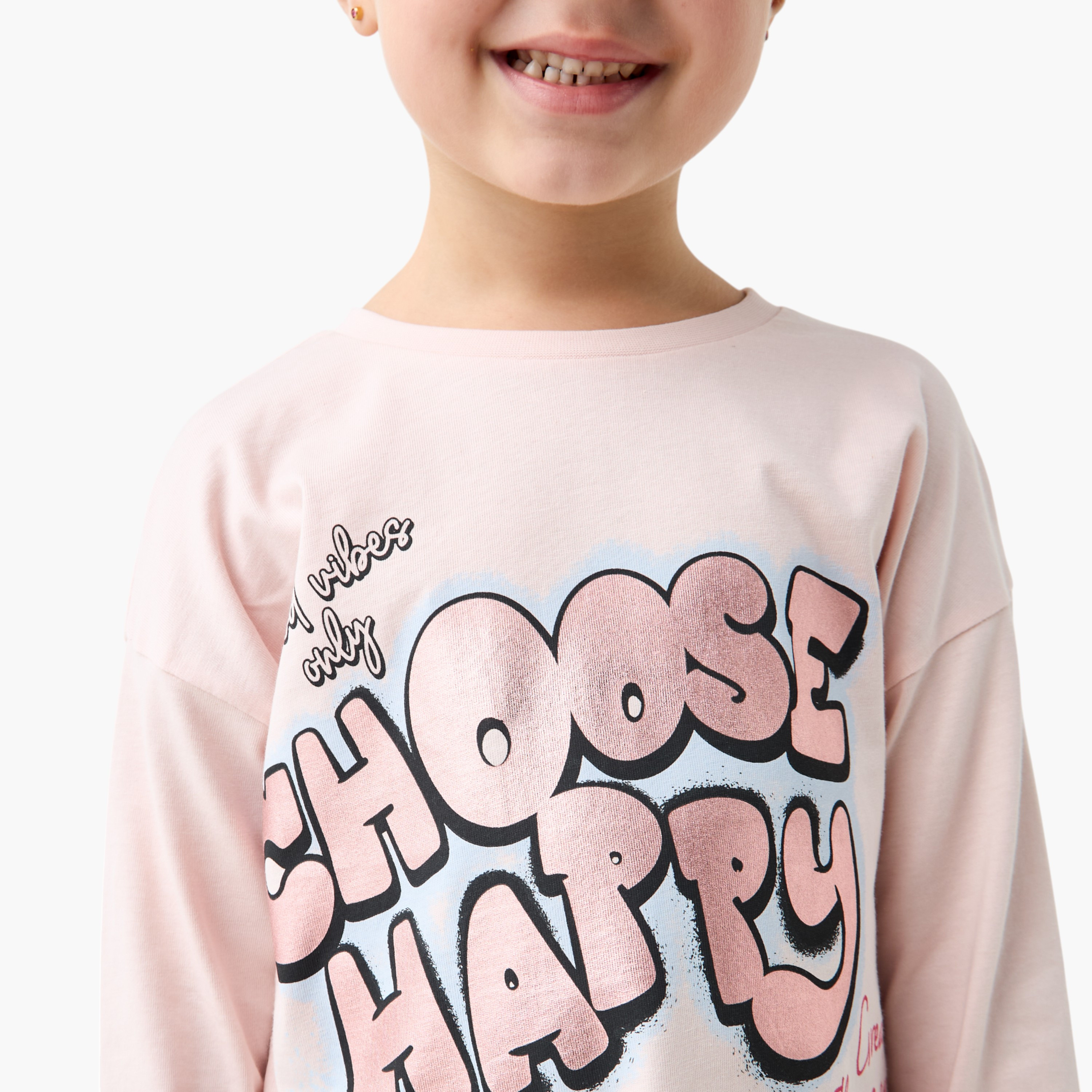 Juniors Slogan Print T-shirt with Crew Neck and Long Sleeves-girls-clothing-tshirts-image-4