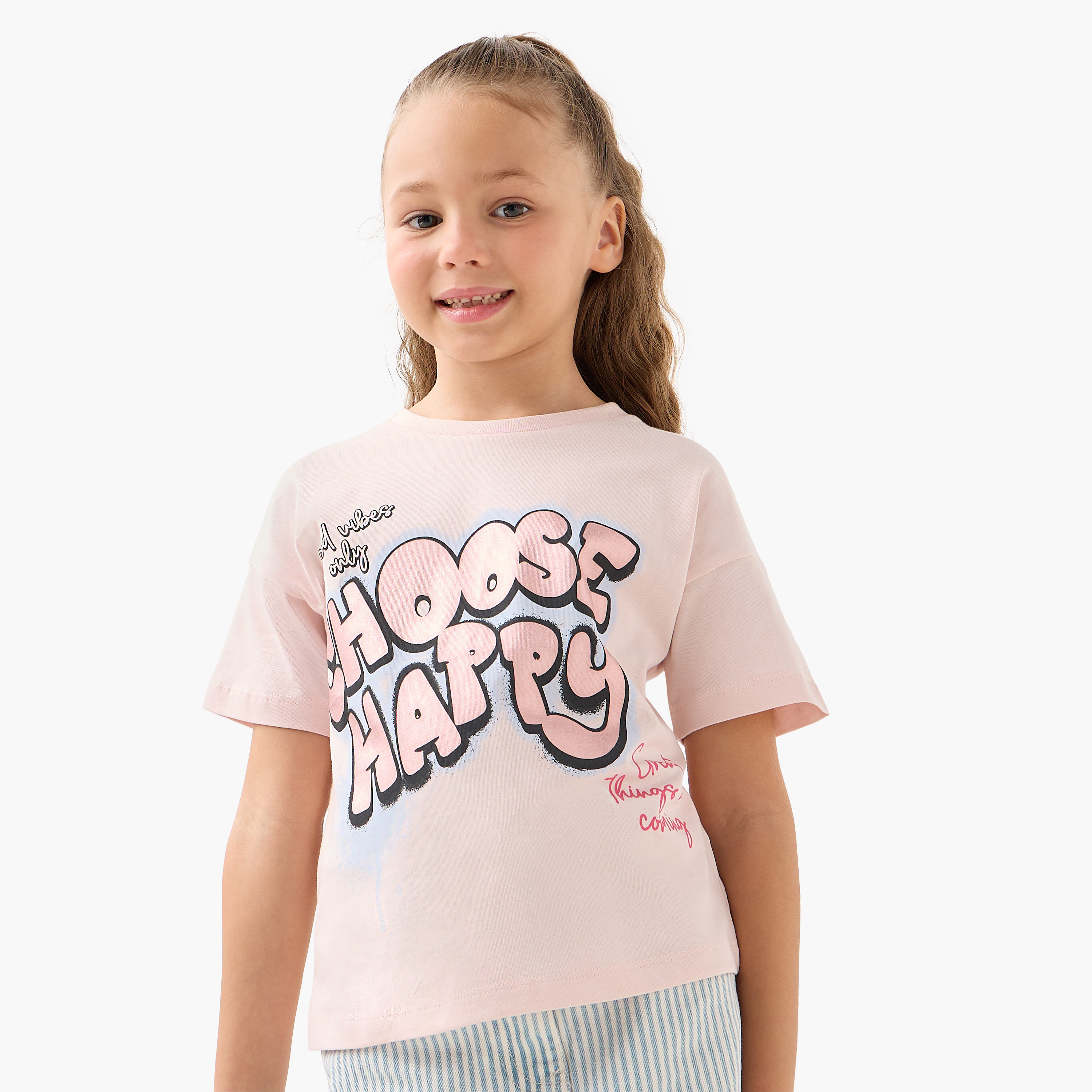 Juniors Crew Neck Short Sleeves T-shirt with Slogan Print-girls-clothing-tshirts-image-1