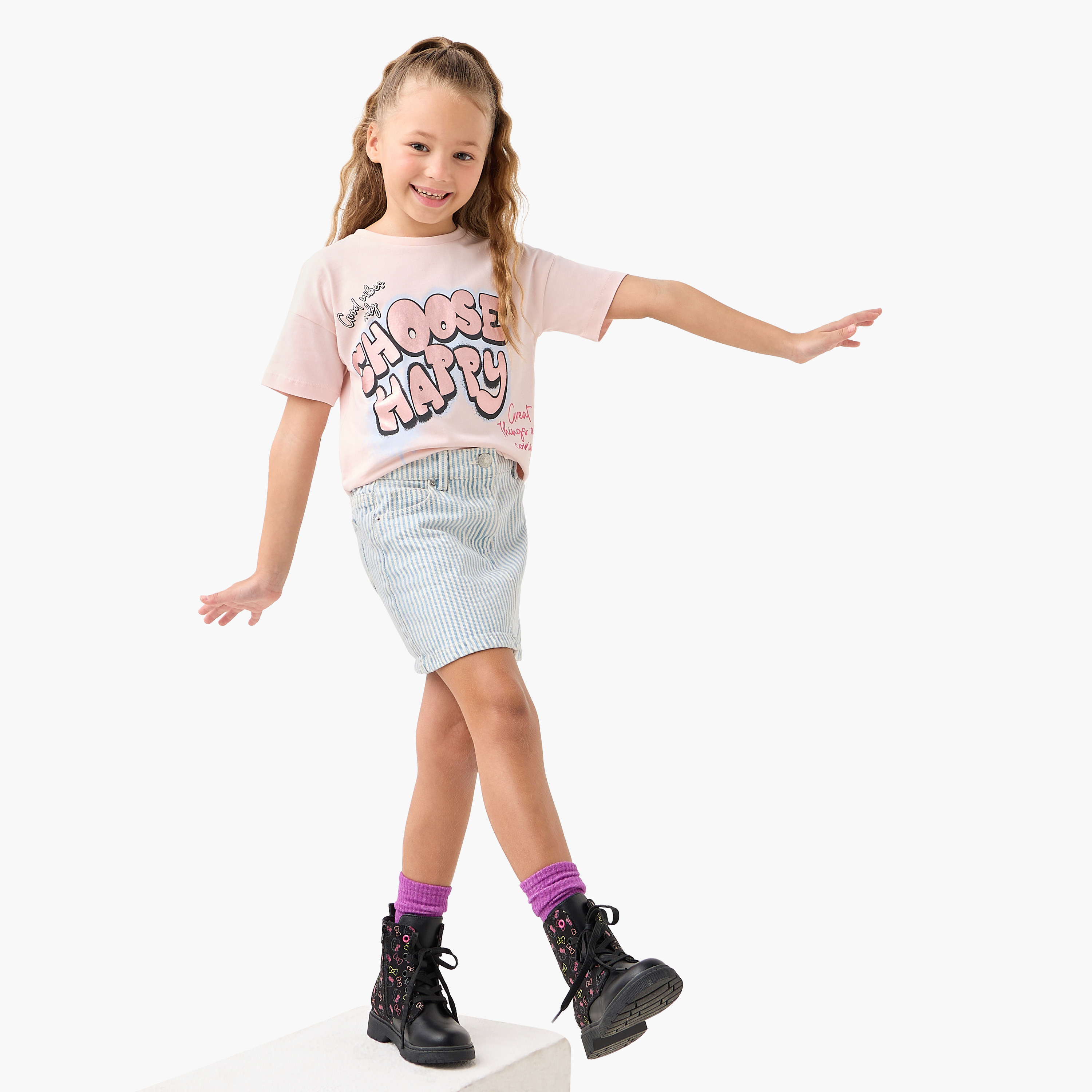 Juniors Crew Neck Short Sleeves T-shirt with Slogan Print-girls-clothing-tshirts-image-2