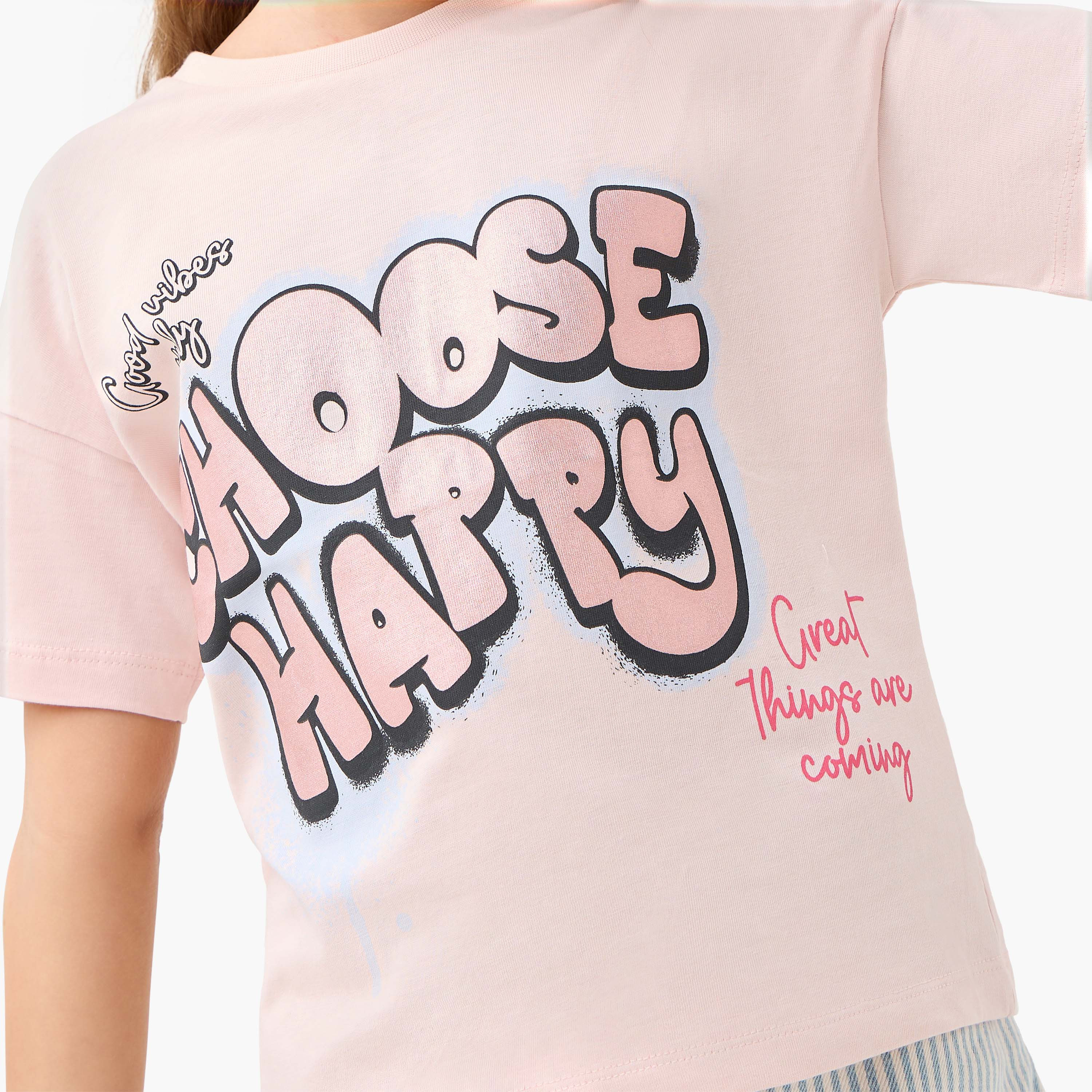 Juniors Crew Neck Short Sleeves T-shirt with Slogan Print-girls-clothing-tshirts-image-4