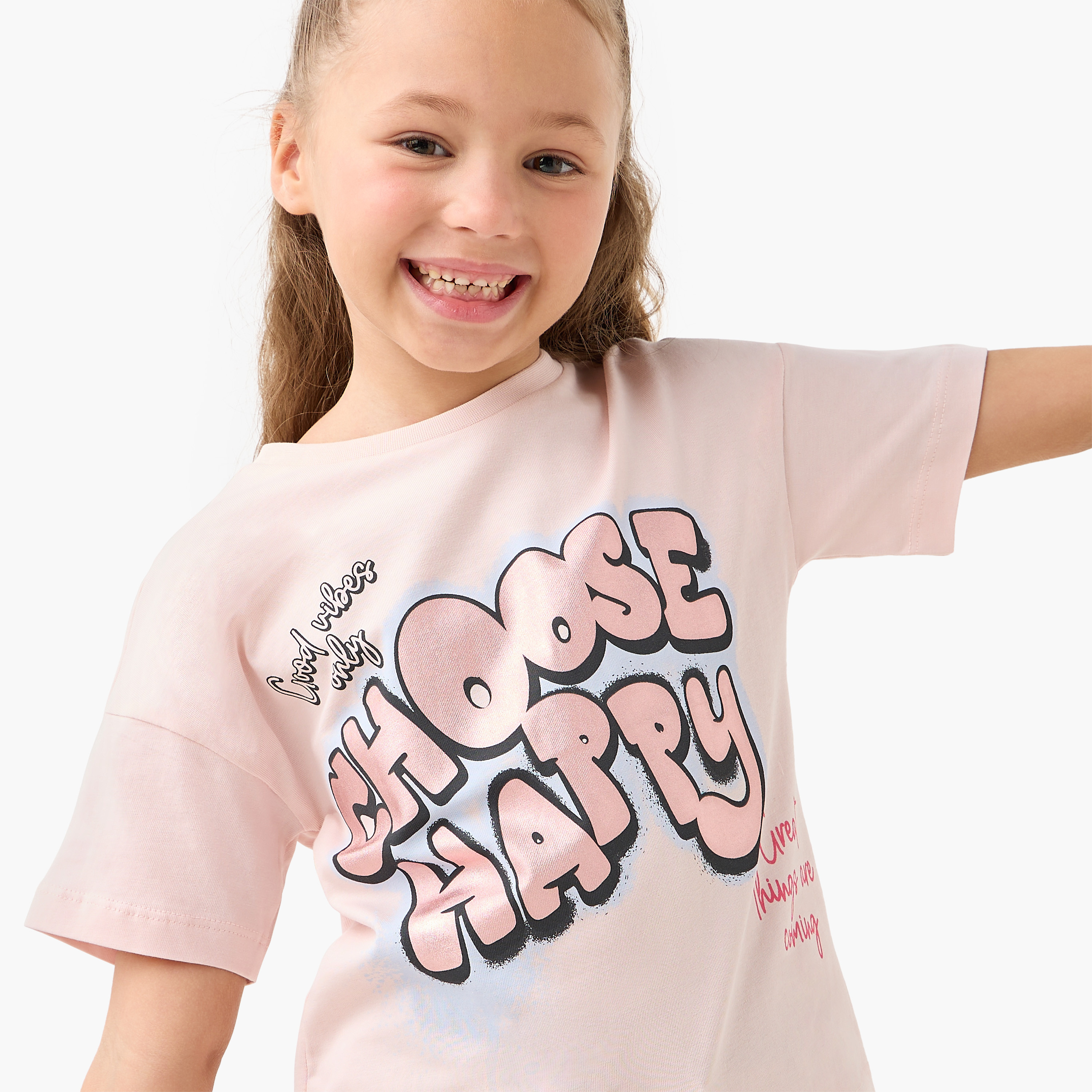 Juniors Crew Neck Short Sleeves T-shirt with Slogan Print-girls-clothing-tshirts-image-5