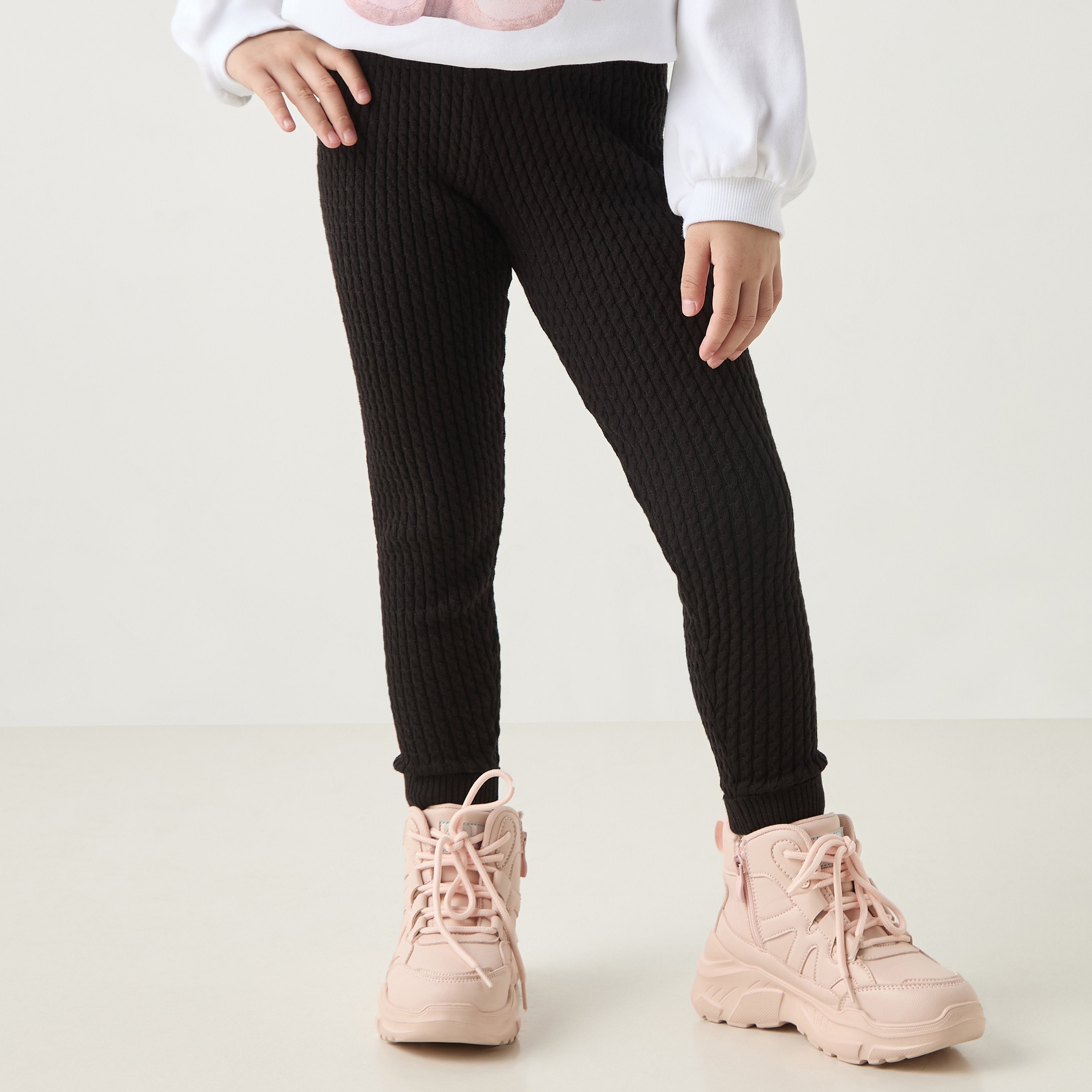 Juniors Textured Leggings with Elasticated Waistband-baby-girls-clothing-bottoms-leggings-image-1