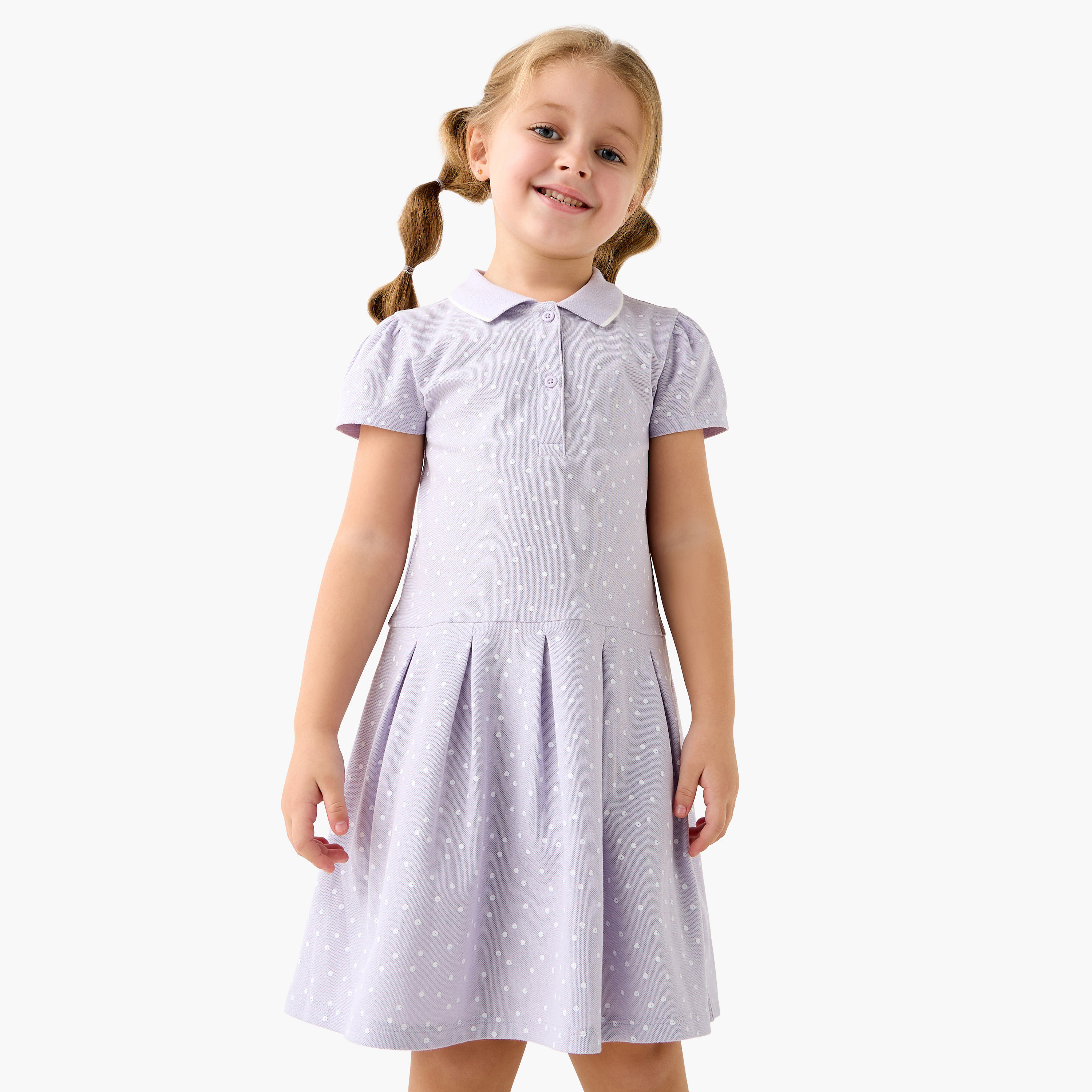 Juniors All-Over Polka Dot Print A-Line Polo Dress with Short Sleeves-girls-clothing-dressesandjumpsuits-image-1
