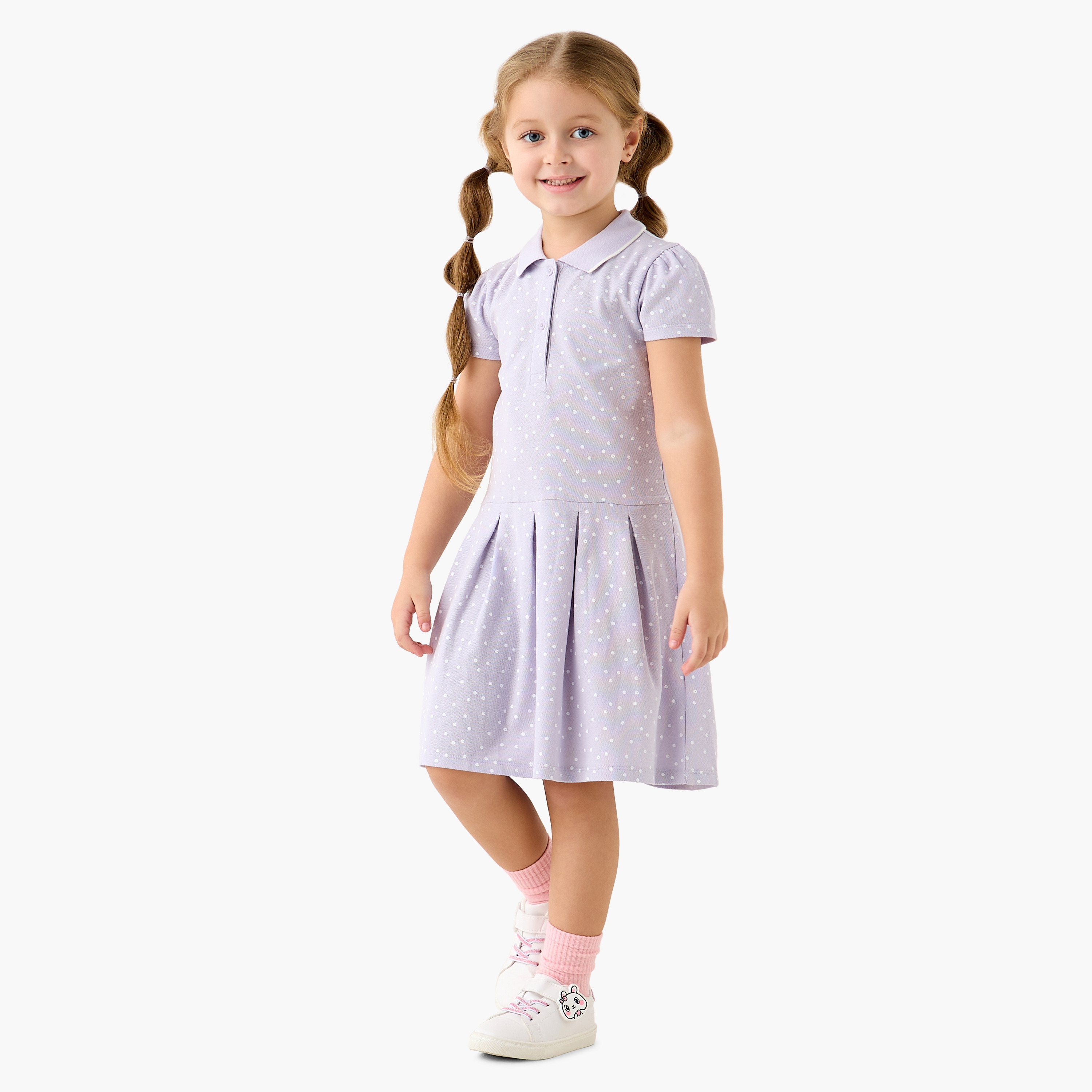Juniors All-Over Polka Dot Print A-Line Polo Dress with Short Sleeves-girls-clothing-dressesandjumpsuits-image-2