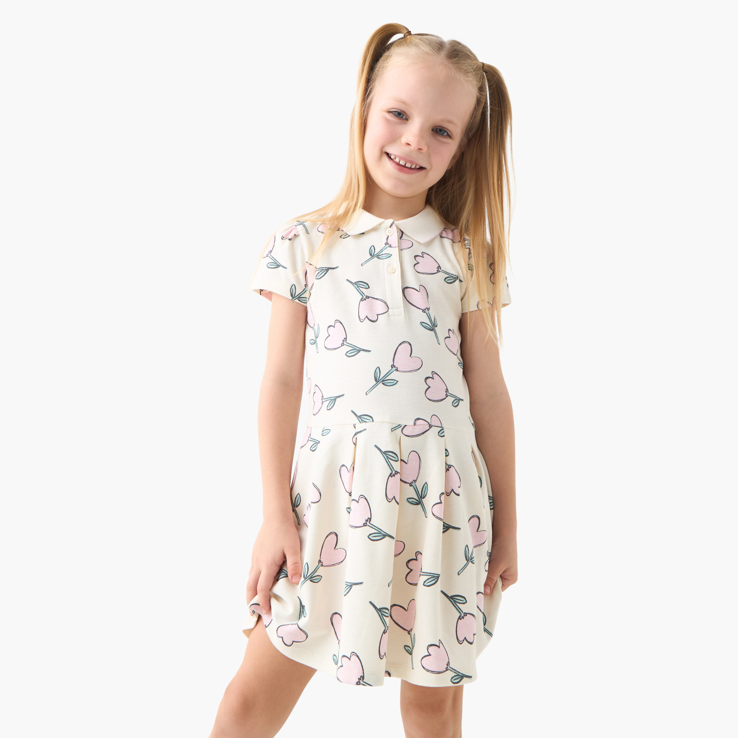 Juniors All-Over Floral Print Polo A-line Dress with Short Sleeves-girls-clothing-dressesandjumpsuits-image-1
