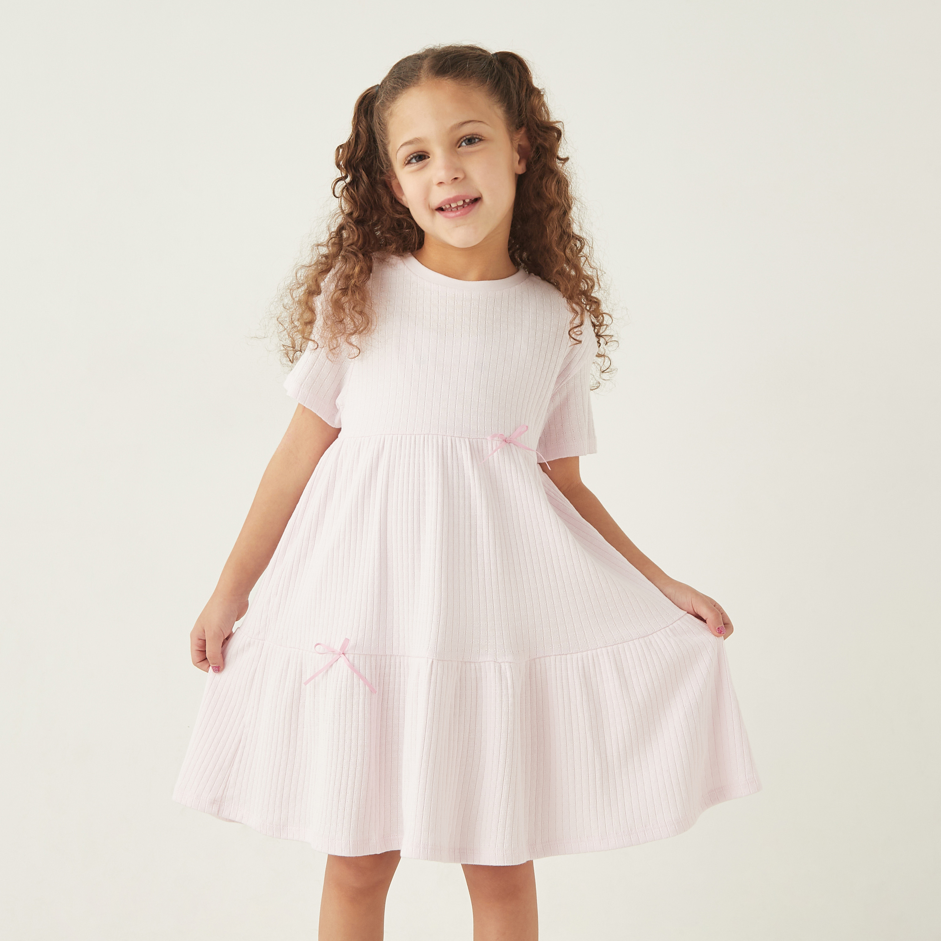 Juniors Ribbed A-line Dress with Round Neck and Bow Detail-girls-clothing-dressesandjumpsuits-image-1
