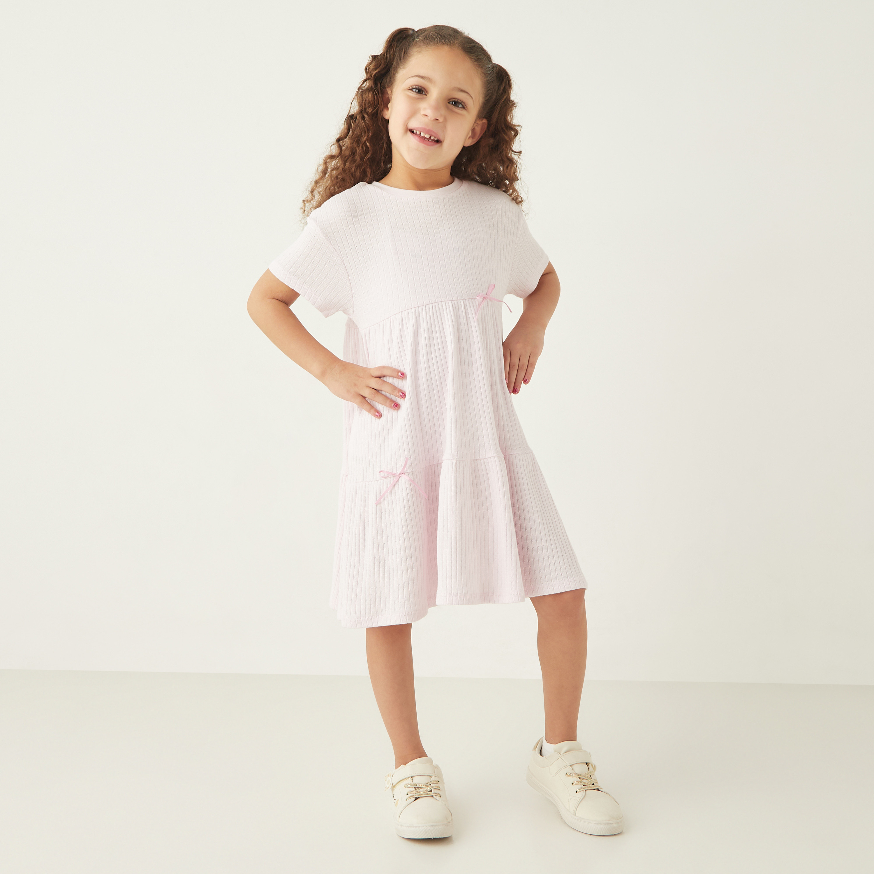 Juniors Ribbed A-line Dress with Round Neck and Bow Detail-girls-clothing-dressesandjumpsuits-image-2