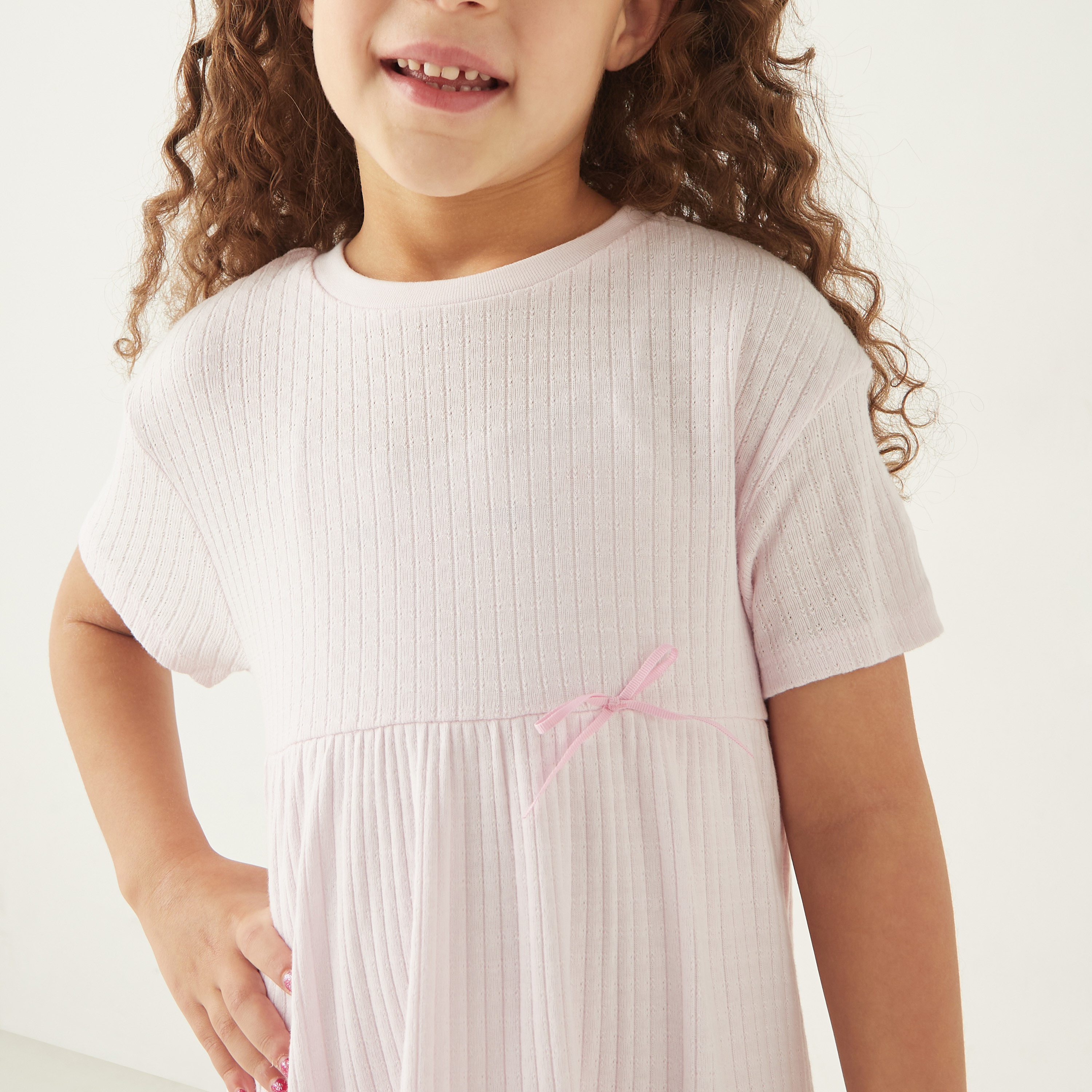 Juniors Ribbed A-line Dress with Round Neck and Bow Detail-girls-clothing-dressesandjumpsuits-image-4
