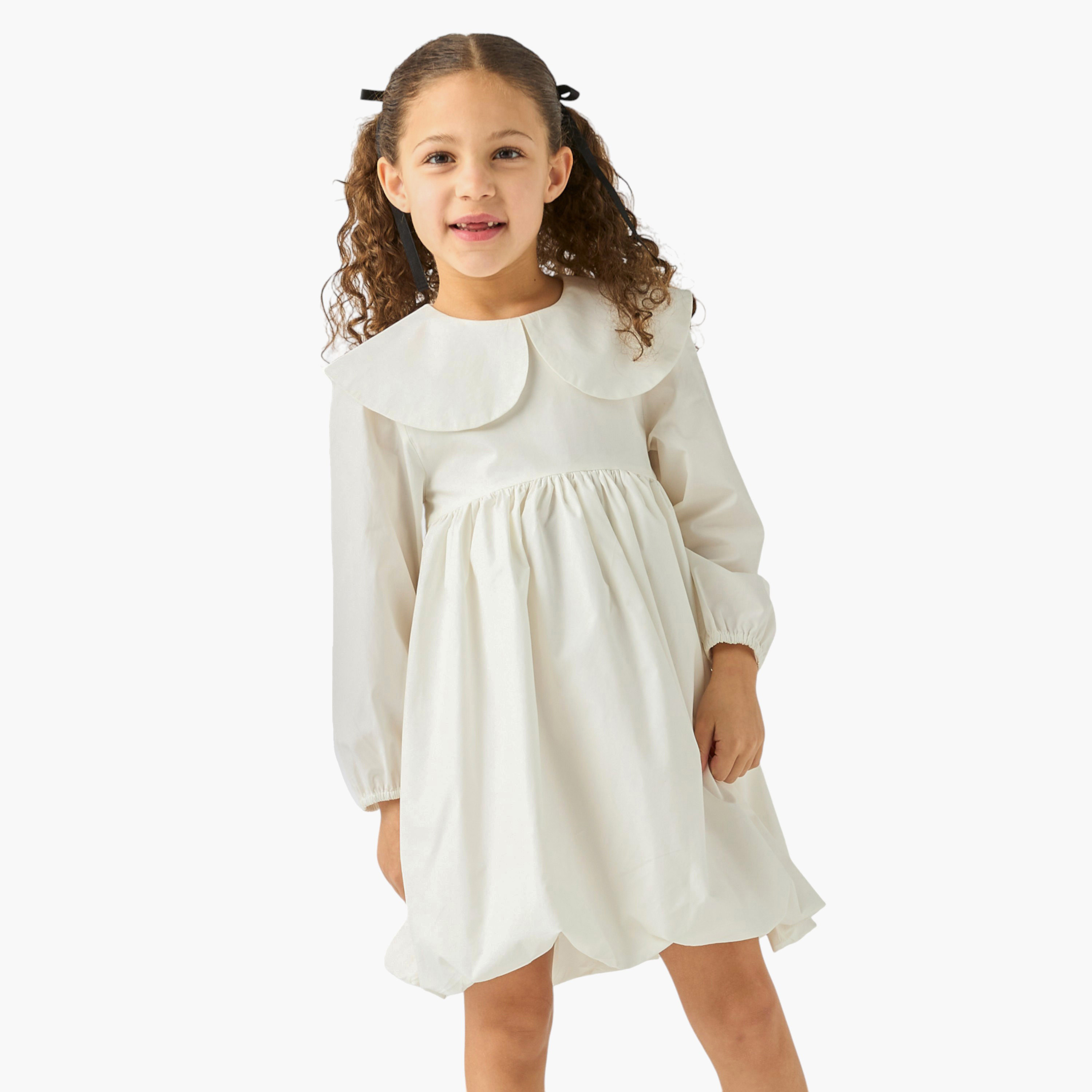 Juniors Solid A-line Balloon Dress with Peter Pan Collar and Long Sleeves-girls-clothing-dressesandjumpsuits-image-1