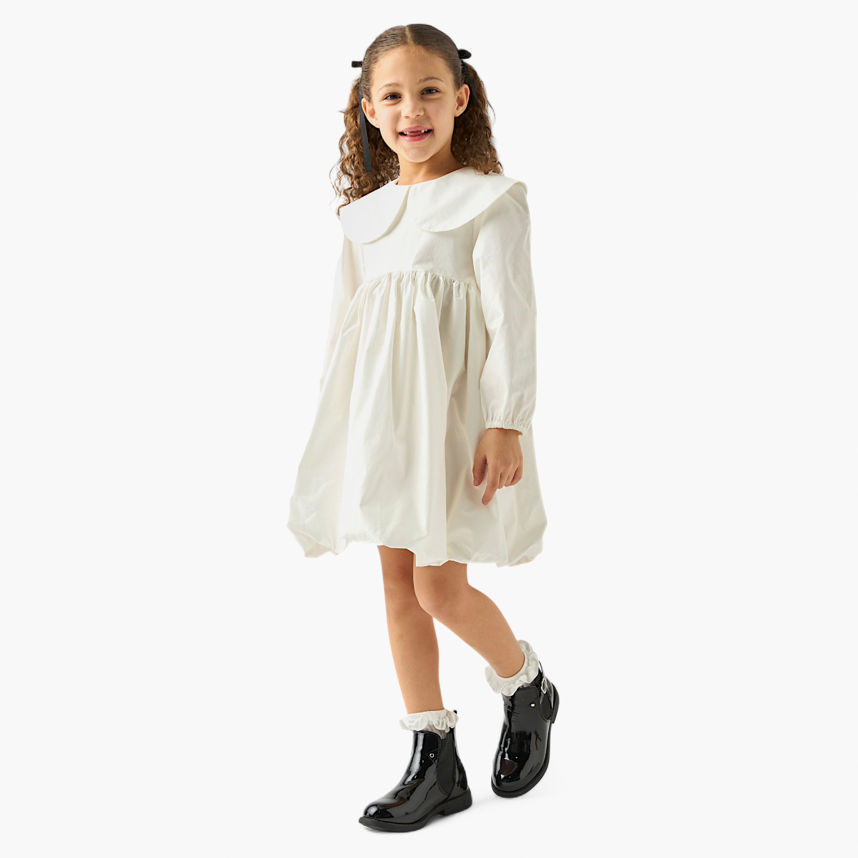 Juniors Solid A-line Balloon Dress with Peter Pan Collar and Long Sleeves-girls-clothing-dressesandjumpsuits-image-2