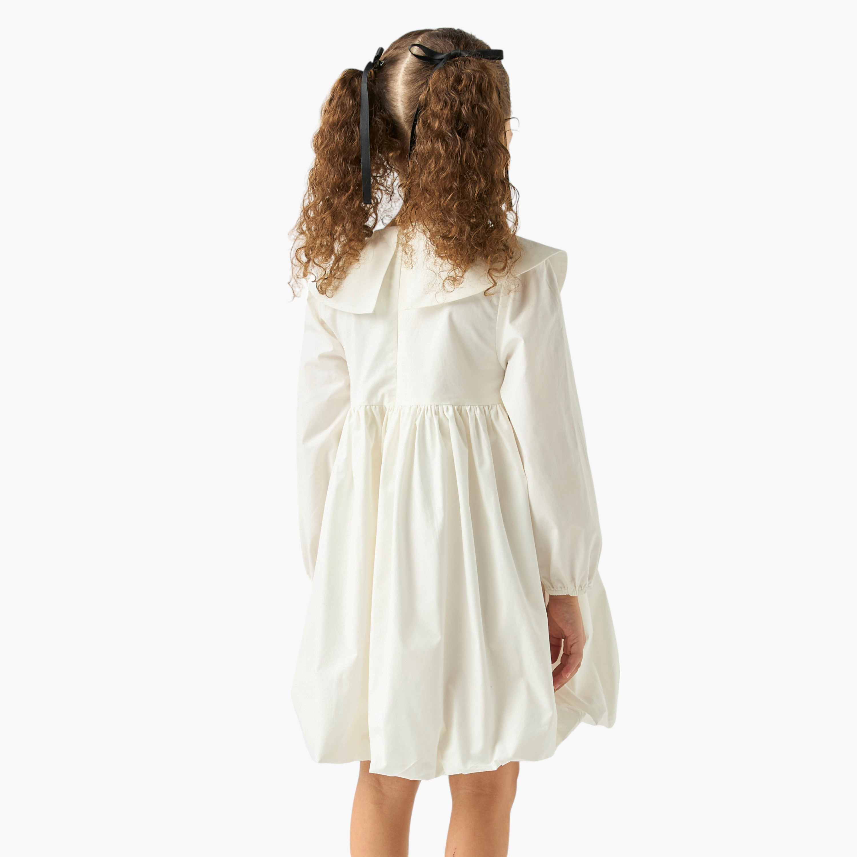 Juniors Solid A-line Balloon Dress with Peter Pan Collar and Long Sleeves-girls-clothing-dressesandjumpsuits-image-3