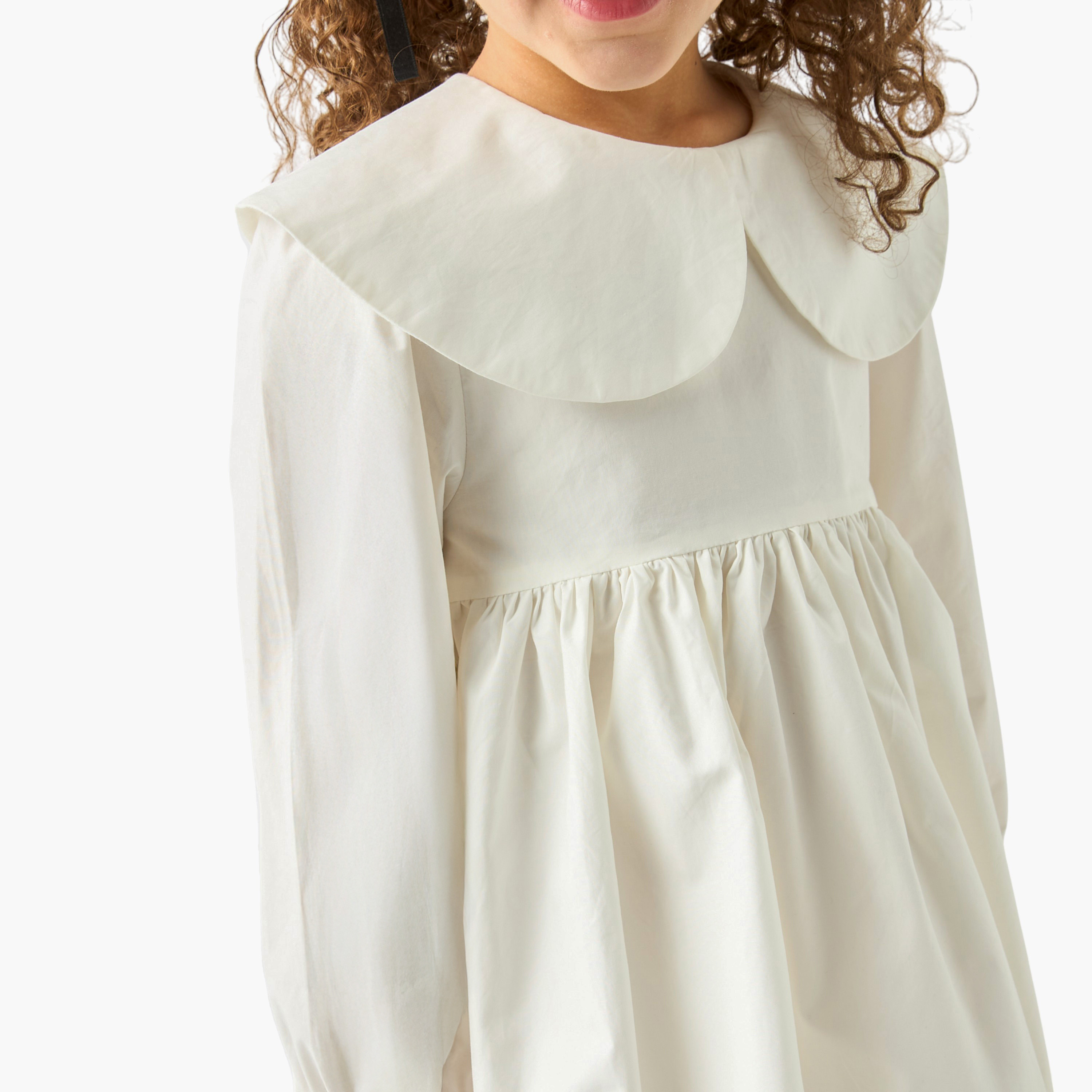 Juniors Solid A-line Balloon Dress with Peter Pan Collar and Long Sleeves-girls-clothing-dressesandjumpsuits-image-4
