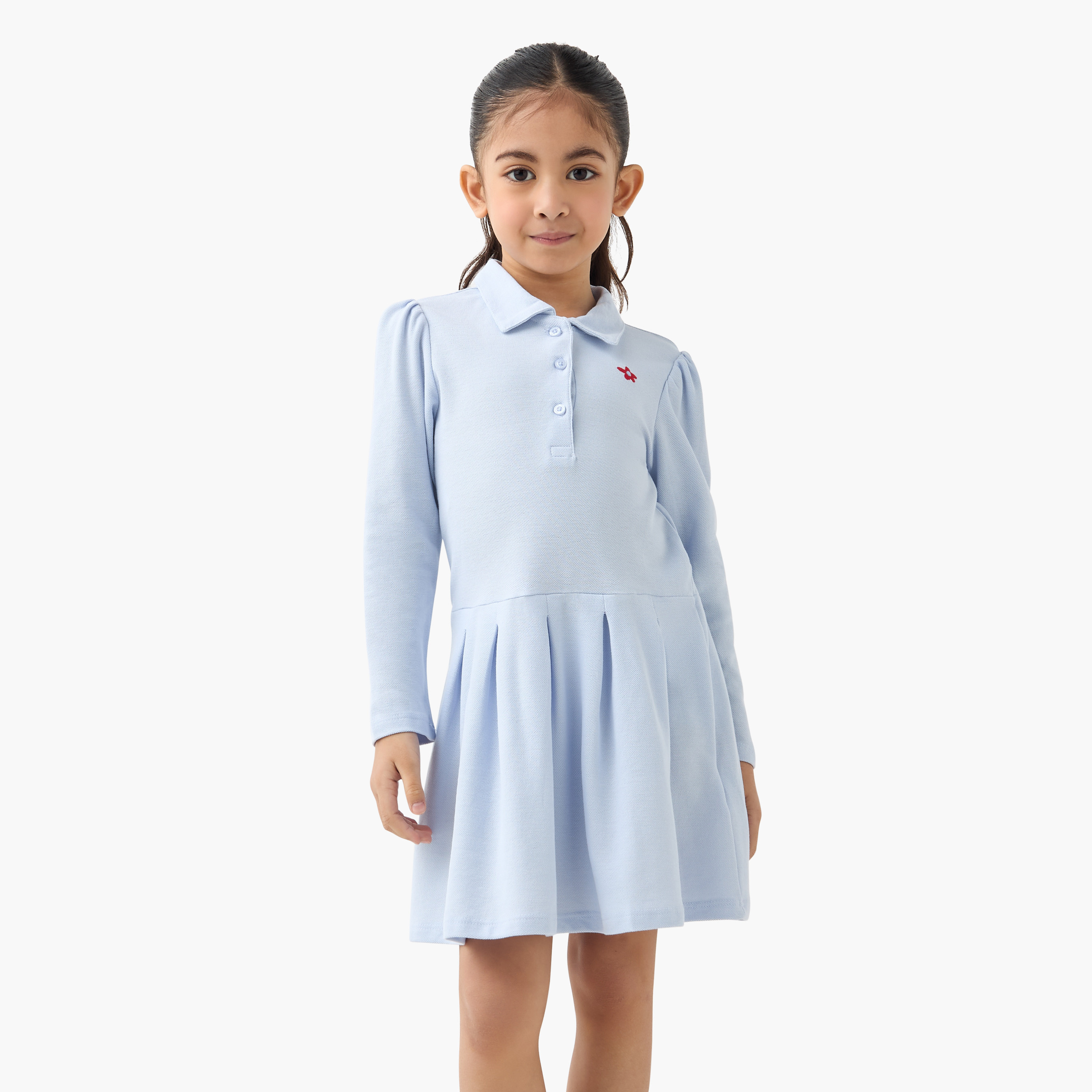فستان بولو بأكمام طويلة بتطريز أزهار من جونيورز-girls-clothing-dressesandjumpsuits-image-1