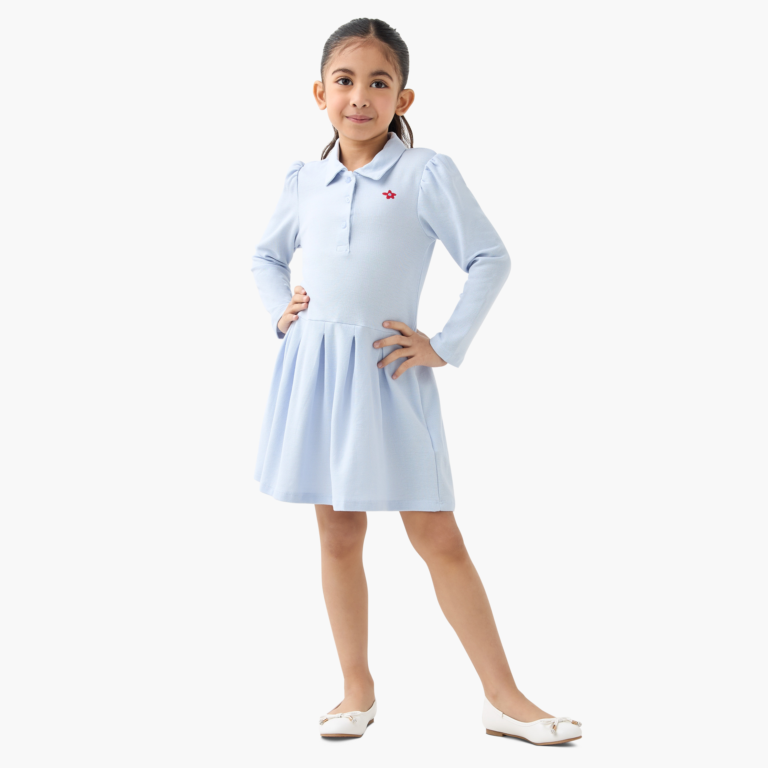 فستان بولو بأكمام طويلة بتطريز أزهار من جونيورز-girls-clothing-dressesandjumpsuits-image-2