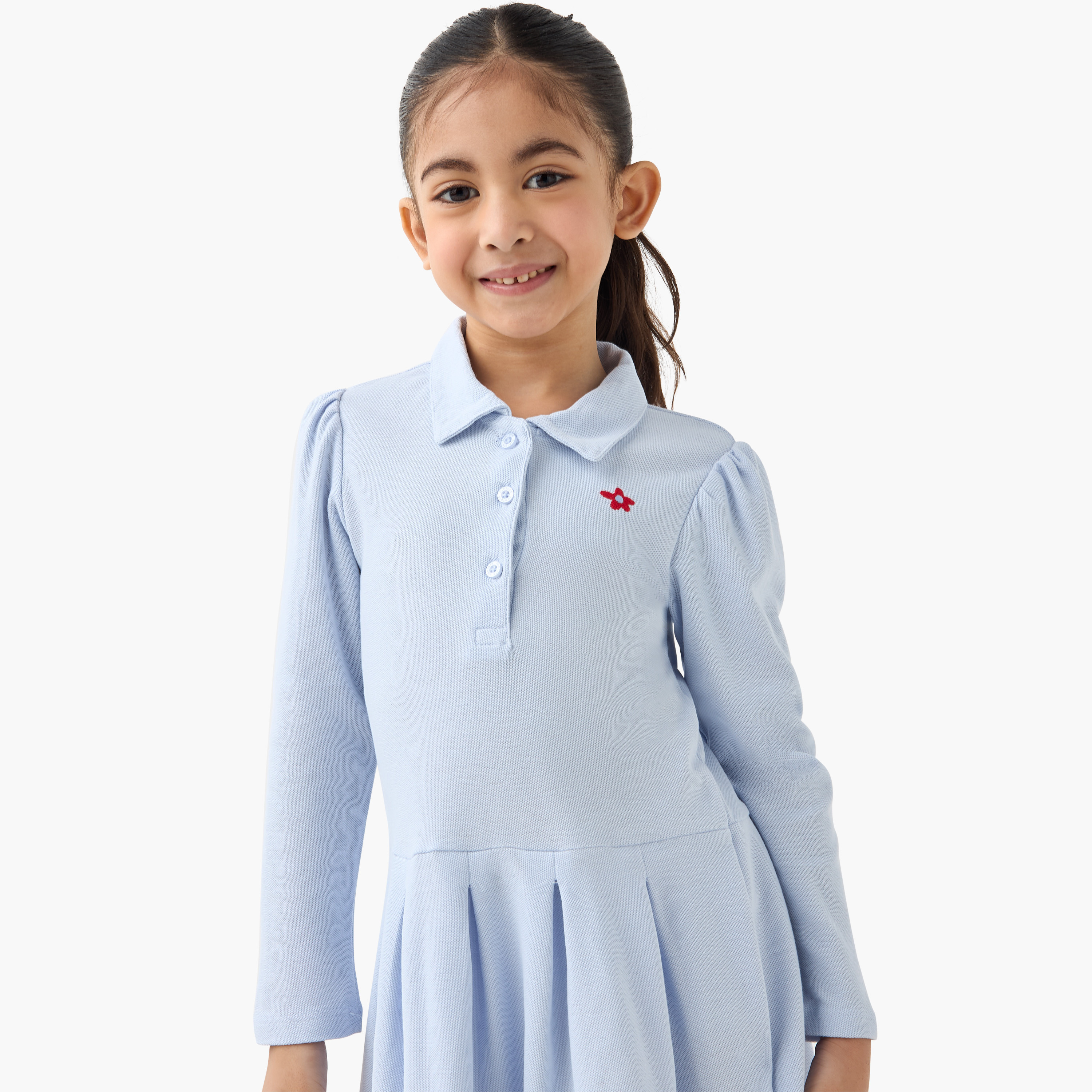فستان بولو بأكمام طويلة بتطريز أزهار من جونيورز-girls-clothing-dressesandjumpsuits-image-3
