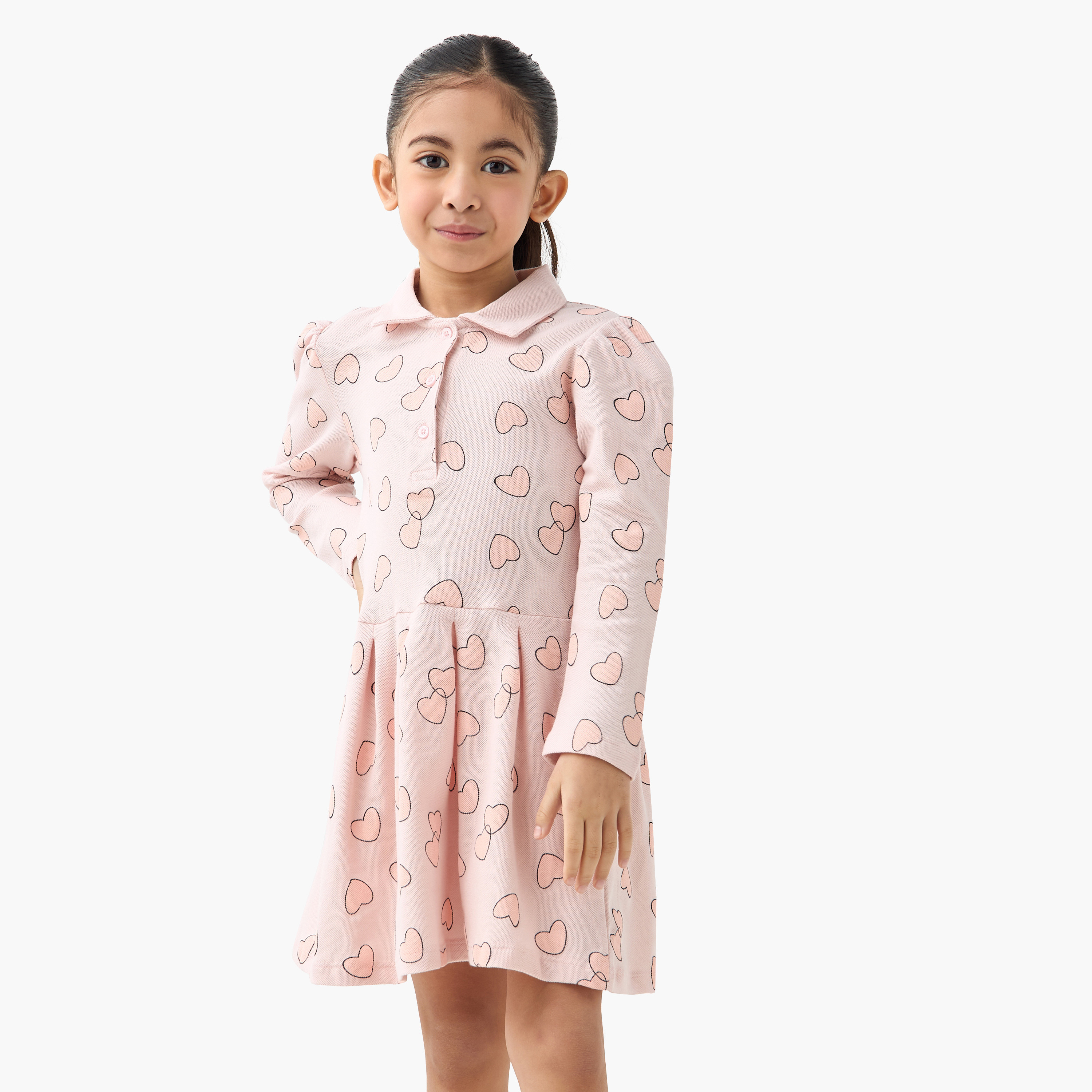 Juniors All-Over Heart Print Polo Dress with Long Sleeves-girls-clothing-dressesandjumpsuits-image-1