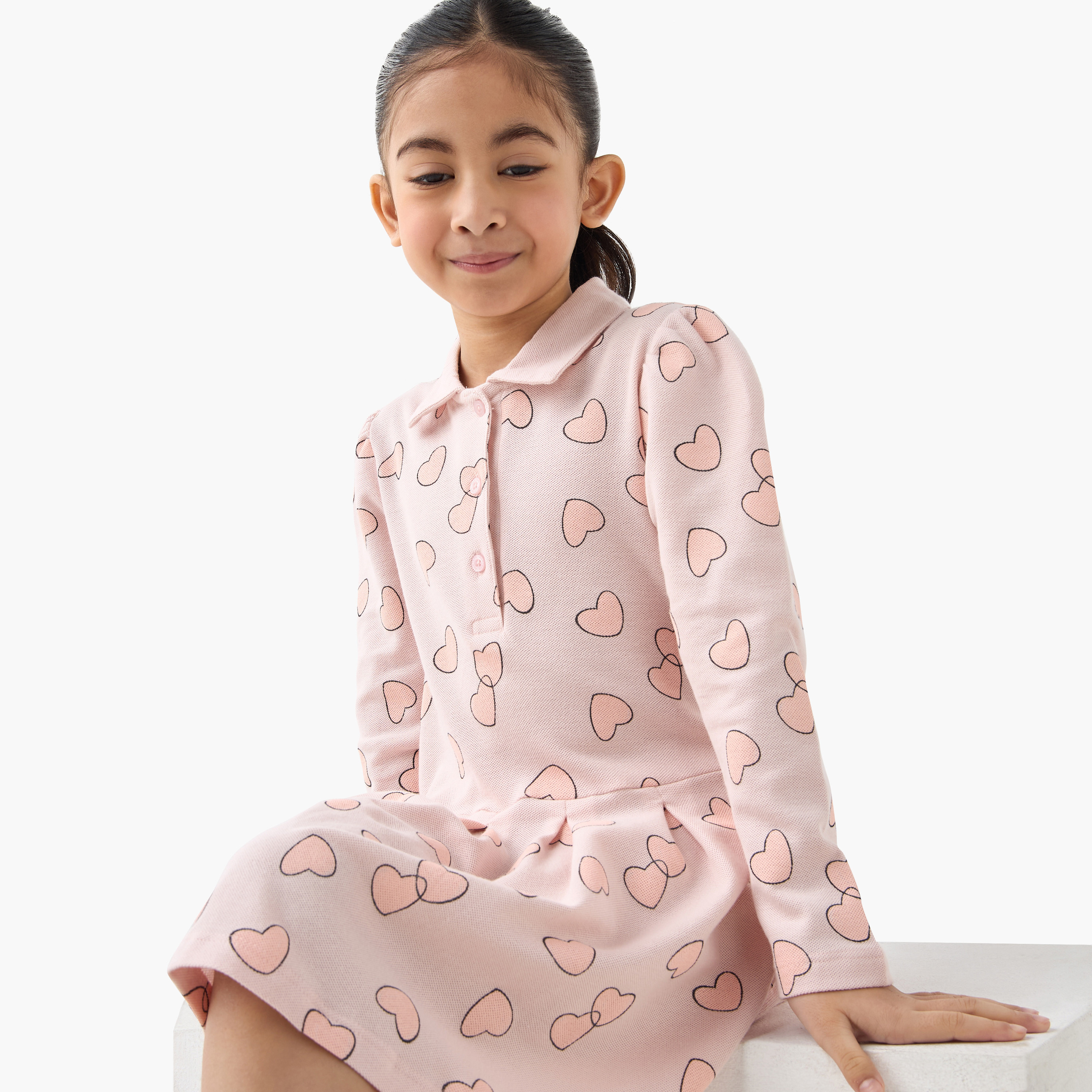 Juniors All-Over Heart Print Polo Dress with Long Sleeves-girls-clothing-dressesandjumpsuits-image-4