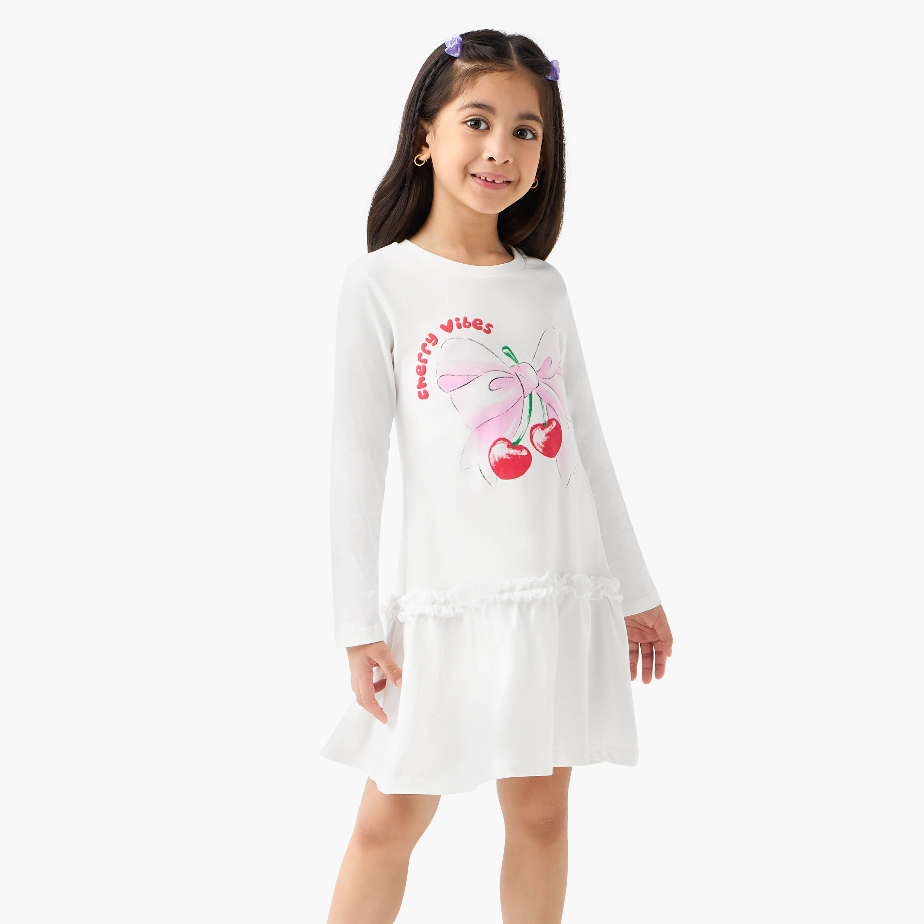 Juniors Cherry Print Drop Waist Dress with Round Neck-girls-clothing-dressesandjumpsuits-image-1