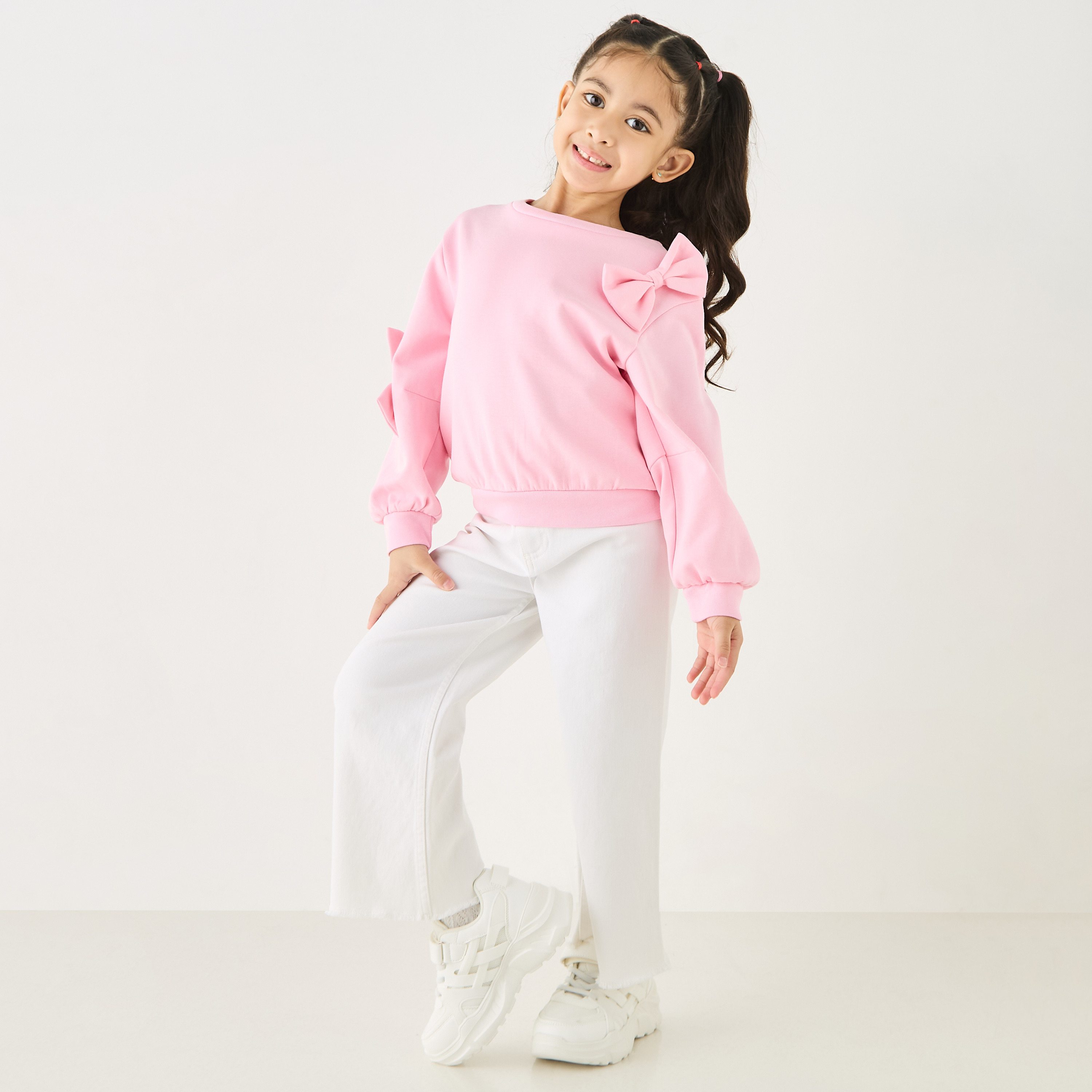 Juniors Solid Sweatshirt with Bow Applique and Long Sleeves-girls-clothing-sweatshirts-image-2