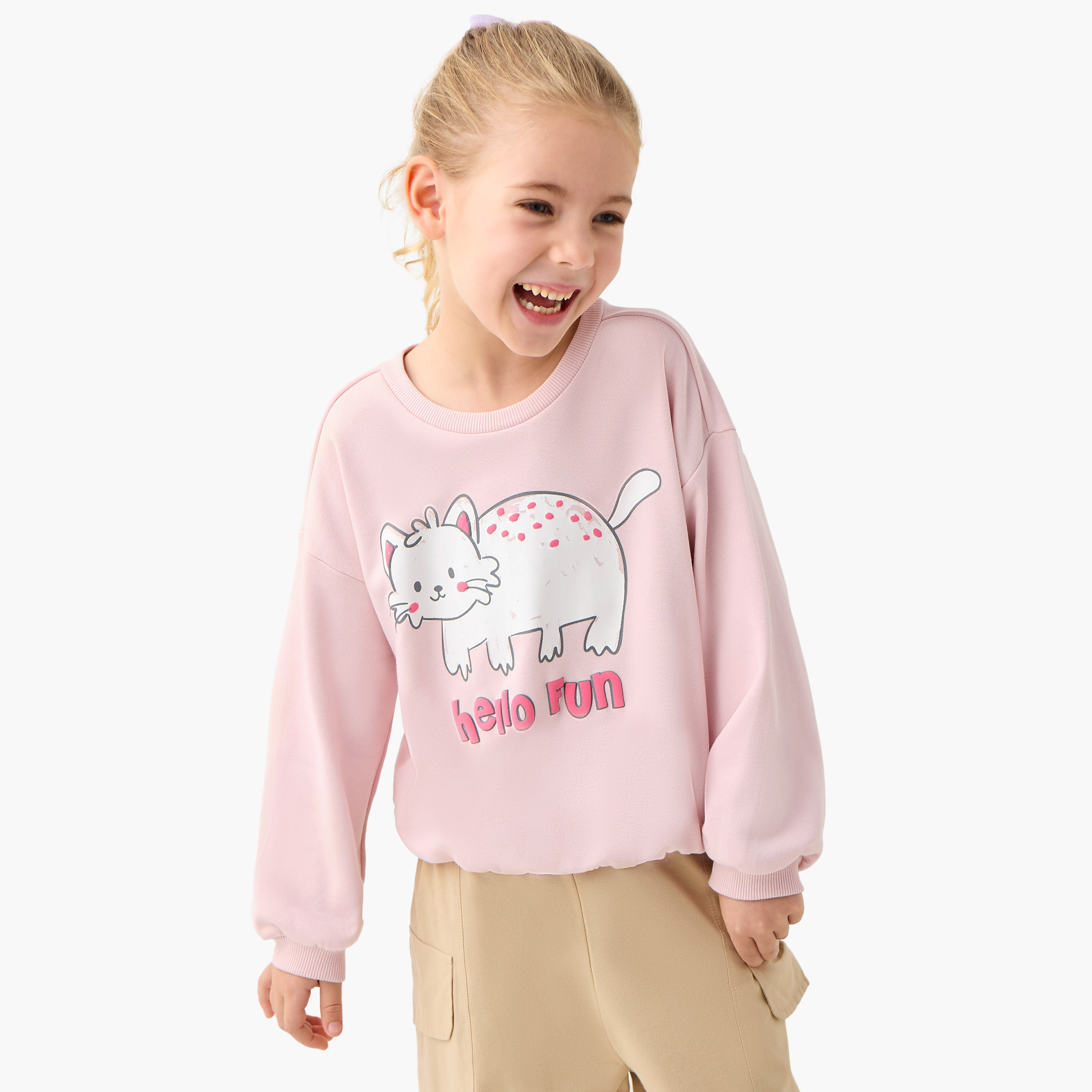 Juniors Graphic Print Crew Neck Sweatshirt with Long Sleeves-baby-girls-clothing-winterwear-sweatshirts-image-5
