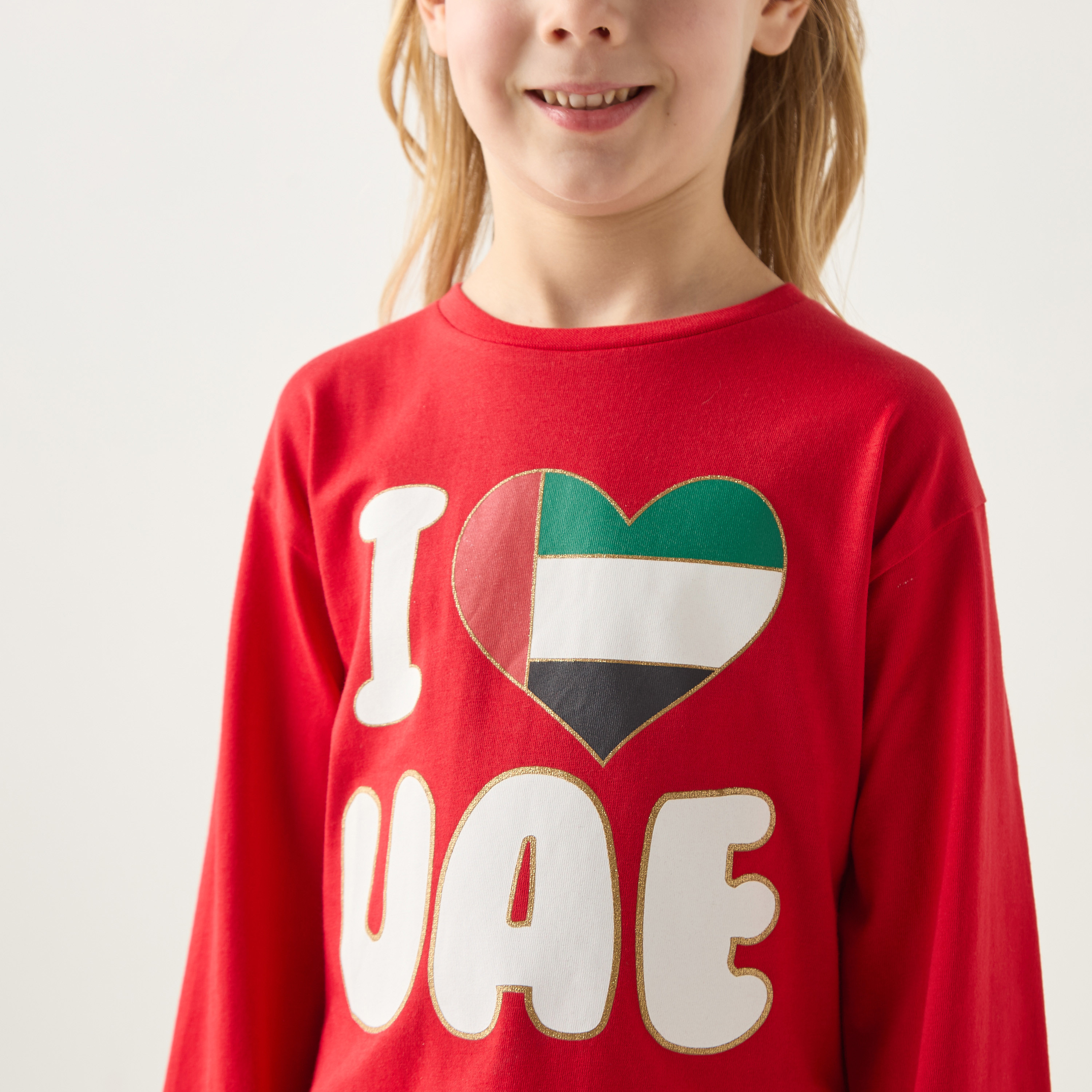 Juniors UAE National Day Print Crew Neck T-shirt with Long Sleeves-girls-clothing-tshirts-image-4