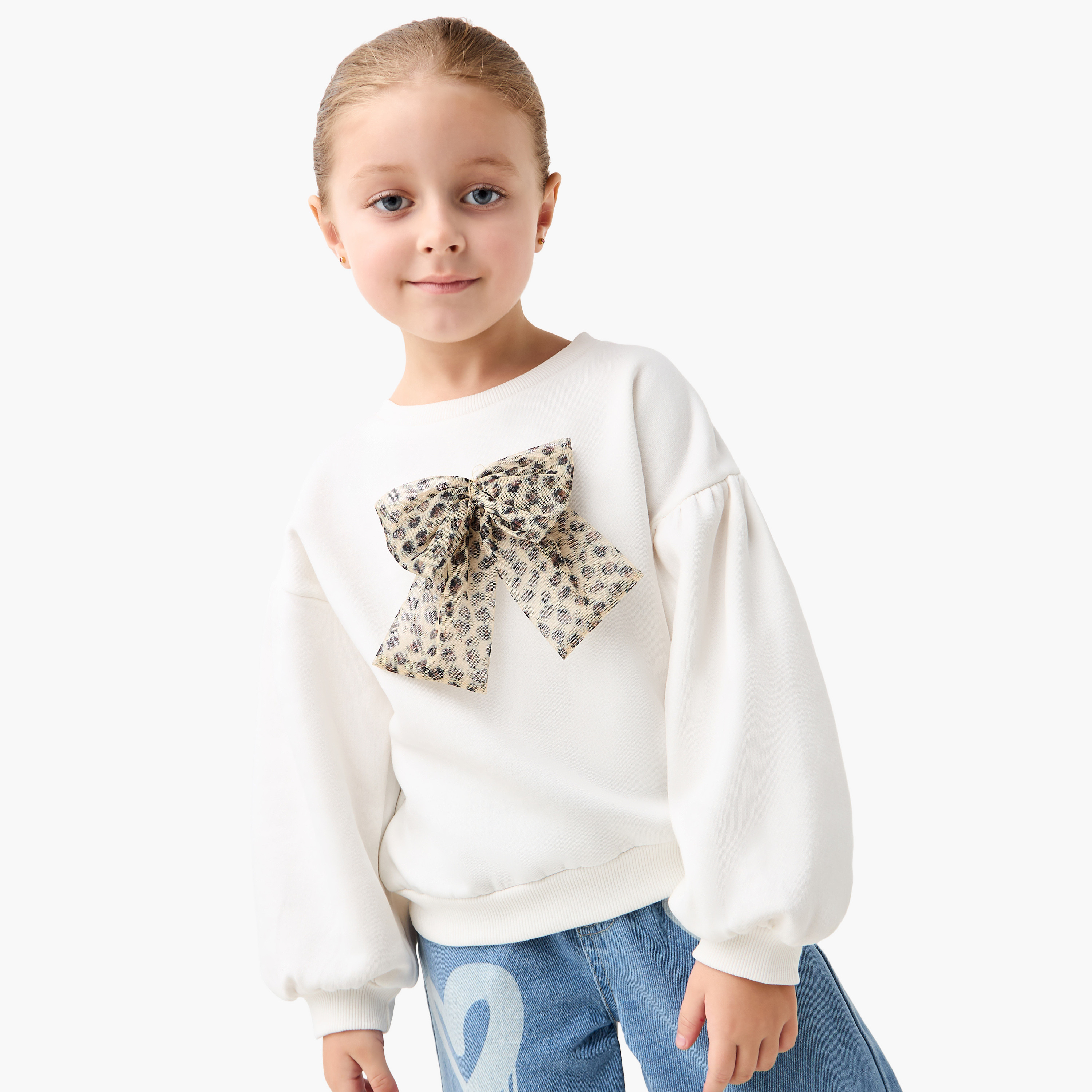 Juniors Bow Applique Sweatshirt with Long Sleeves and Crew Neck-baby-girls-clothing-sweatshirts-image-1
