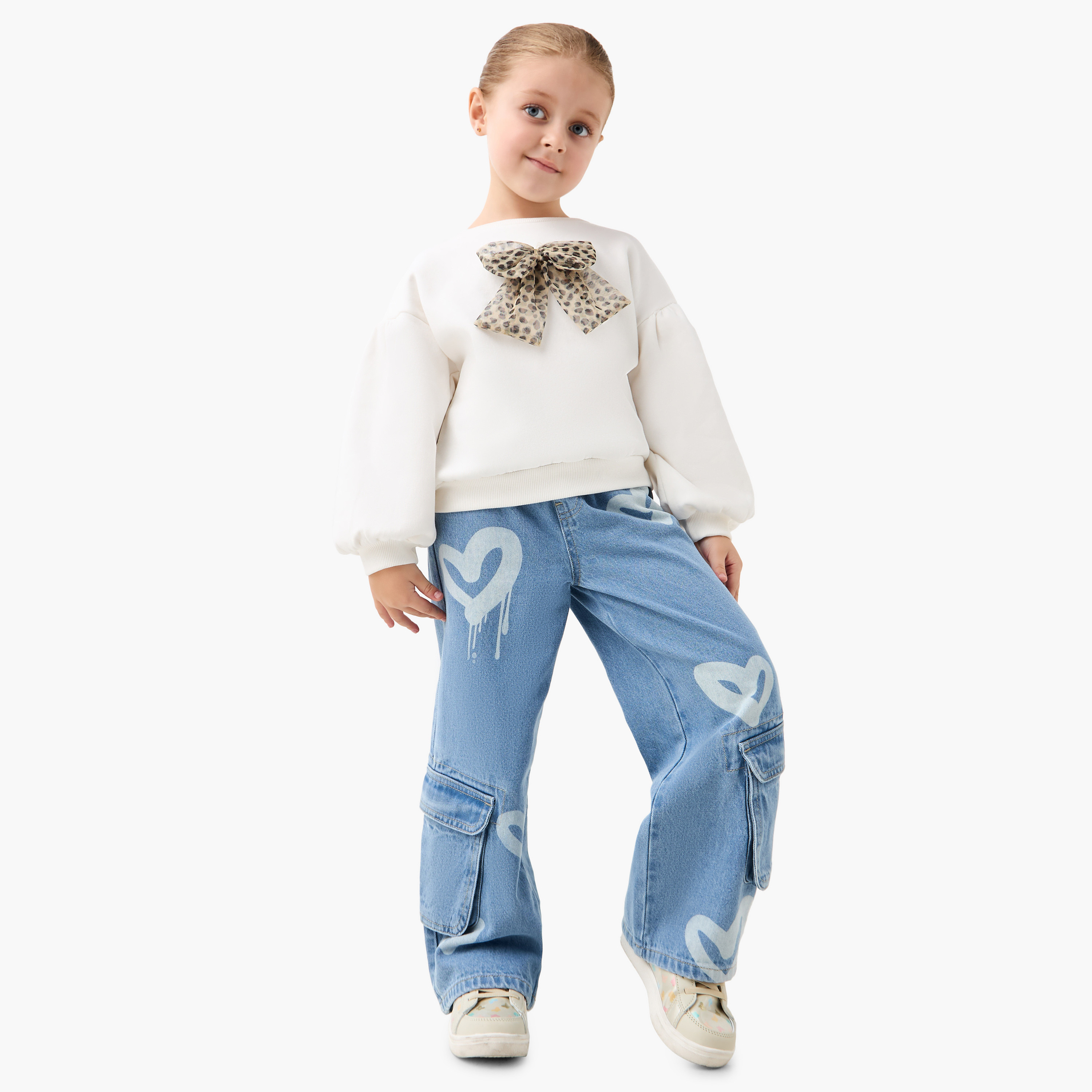 Juniors Bow Applique Sweatshirt with Long Sleeves and Crew Neck-baby-girls-clothing-sweatshirts-image-2