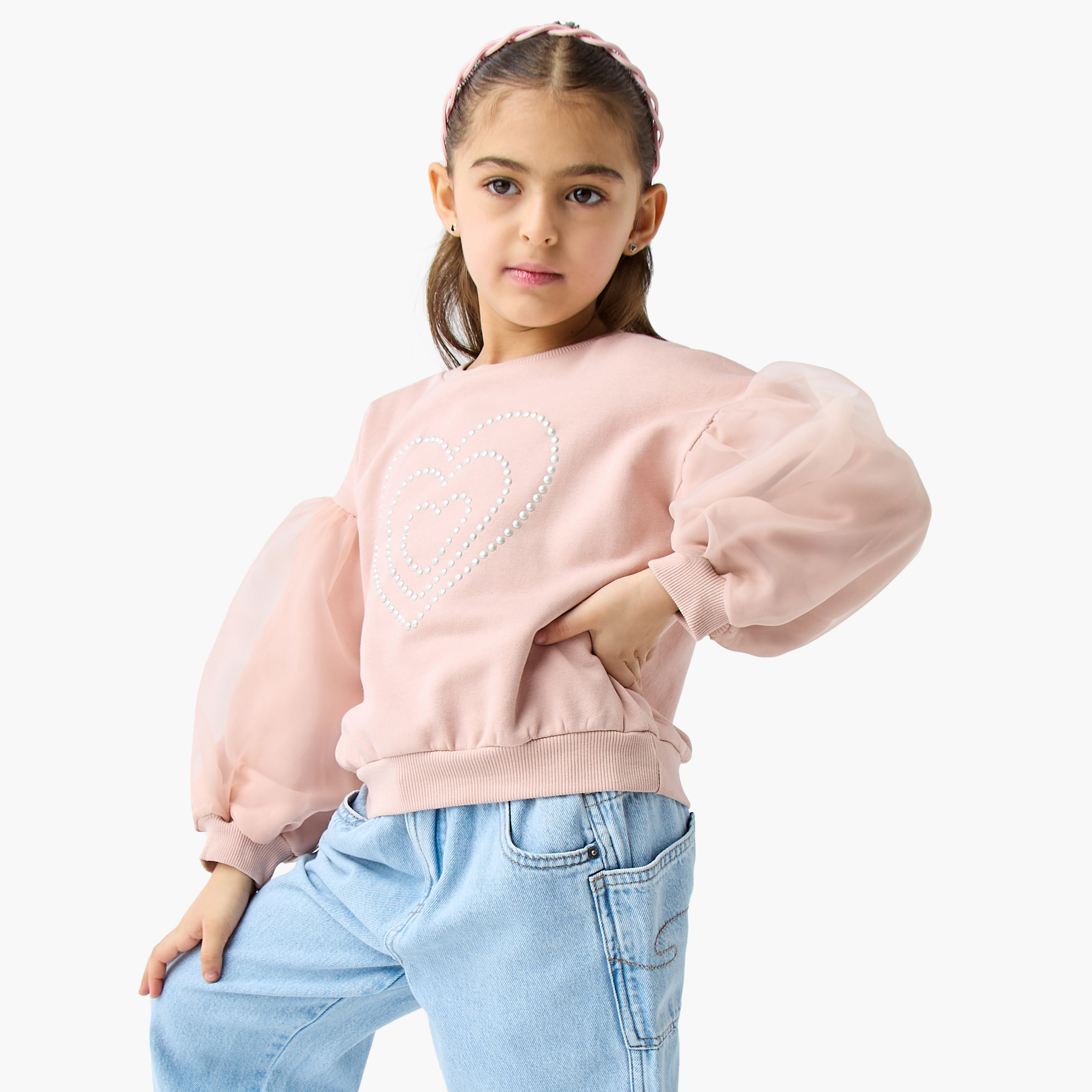 Juniors Heart Embellished Sweatshirt with Long Sleeves-baby-girls-clothing-sweatshirts-image-1
