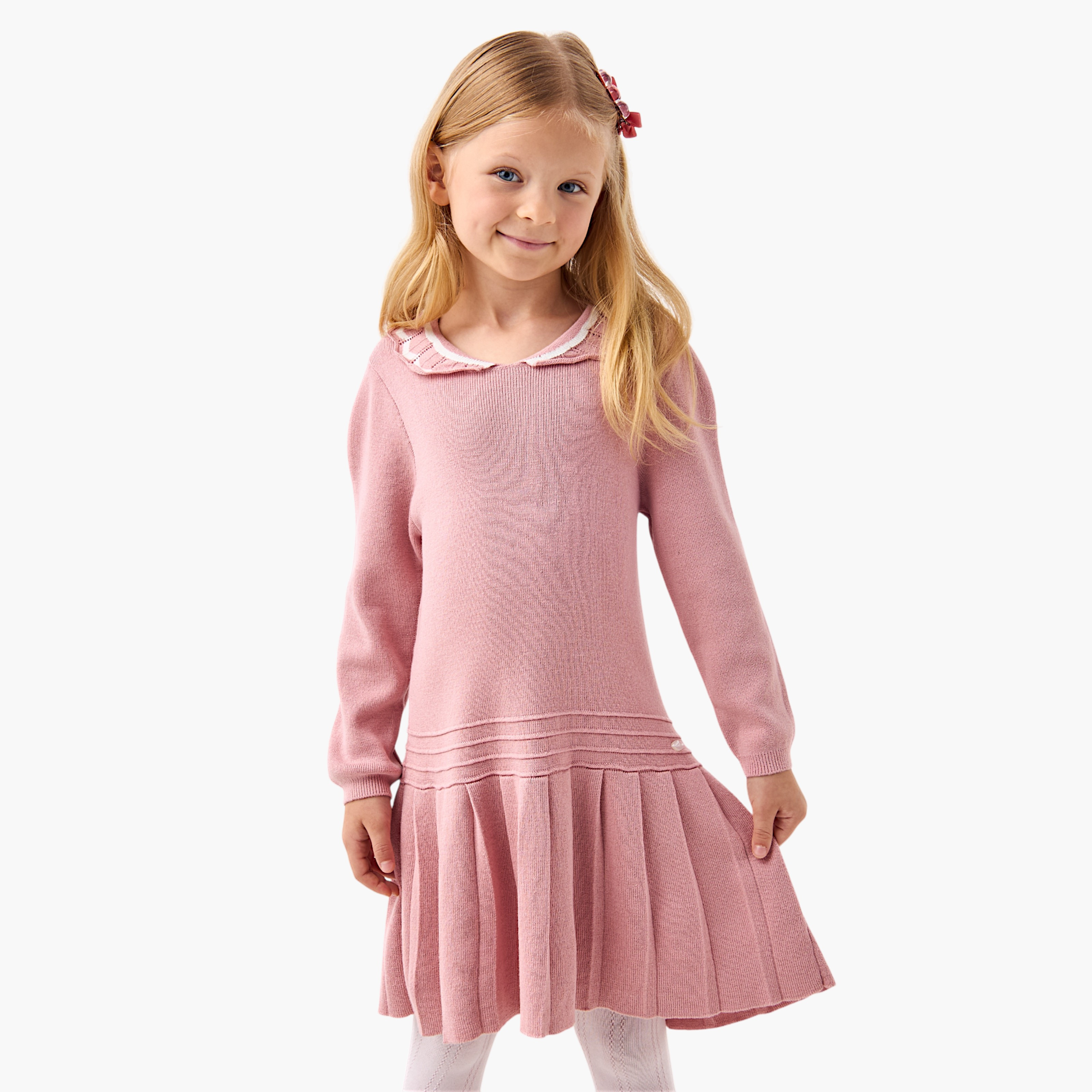 Eligo Textured Collared Drop Waist Dress and Leggings Set-girls-clothing-winterwear-dresses-image-1