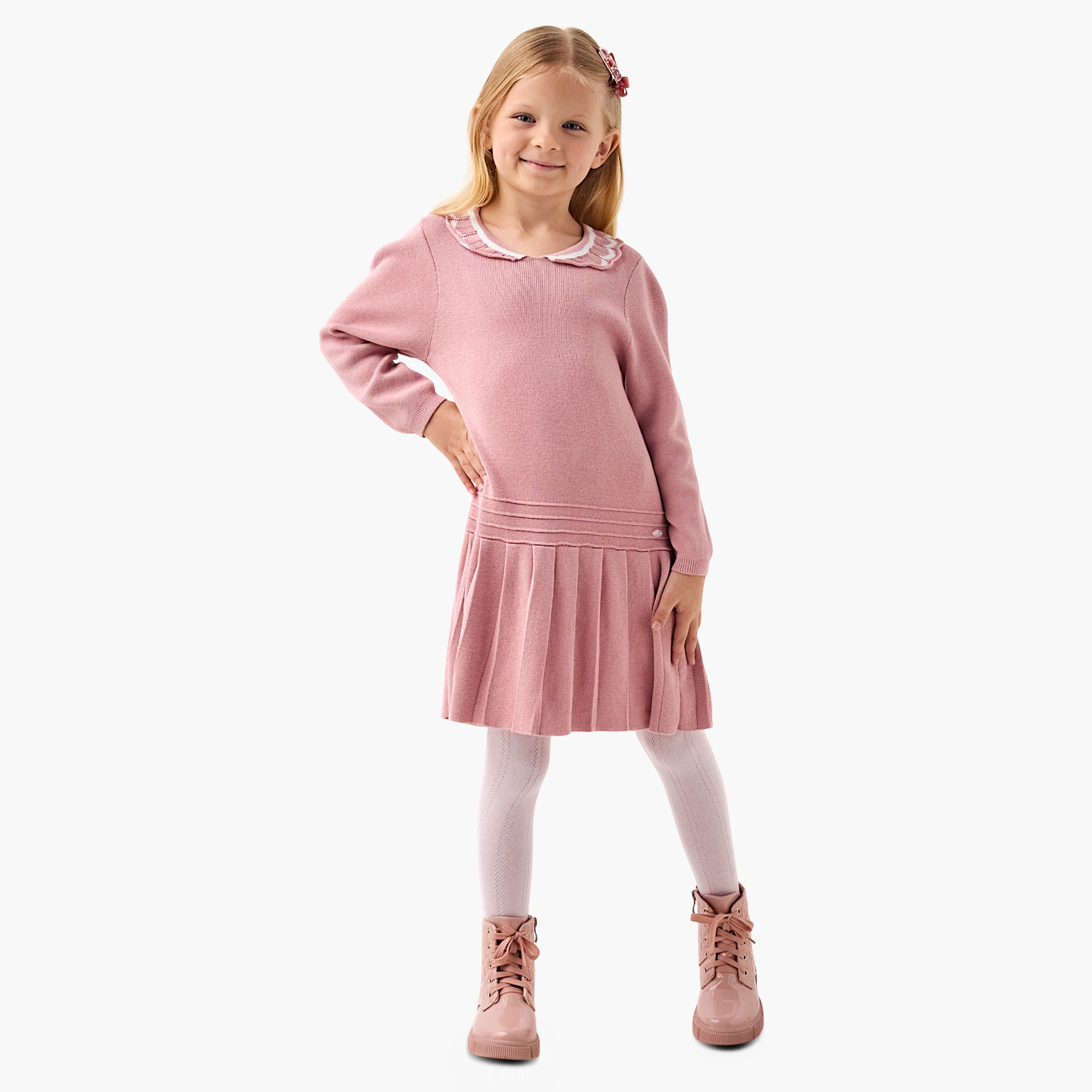Eligo Textured Collared Drop Waist Dress and Leggings Set-girls-clothing-winterwear-dresses-image-2