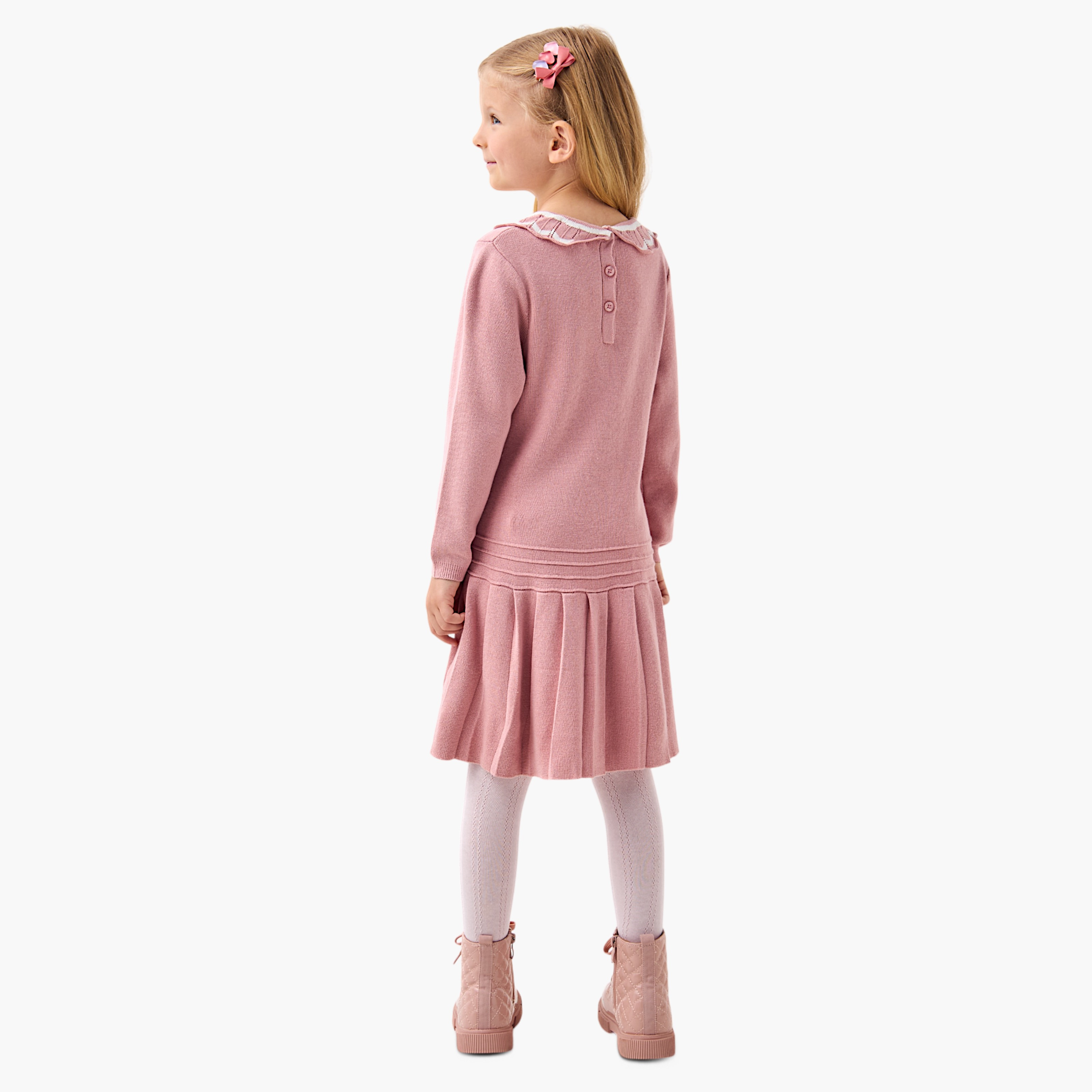 Eligo Textured Collared Drop Waist Dress and Leggings Set-girls-clothing-winterwear-dresses-image-4