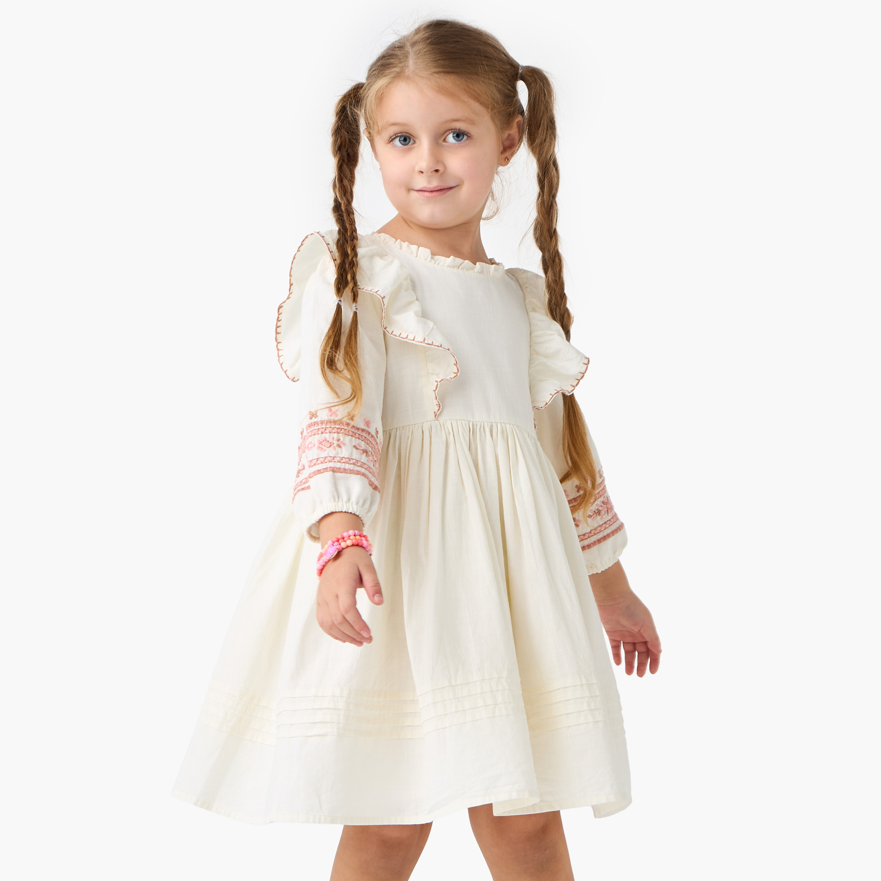 Eligo Embroidered A-line Dress with Long Sleeves and Ruffle Detail-girls-clothing-dressesandjumpsuits-image-1
