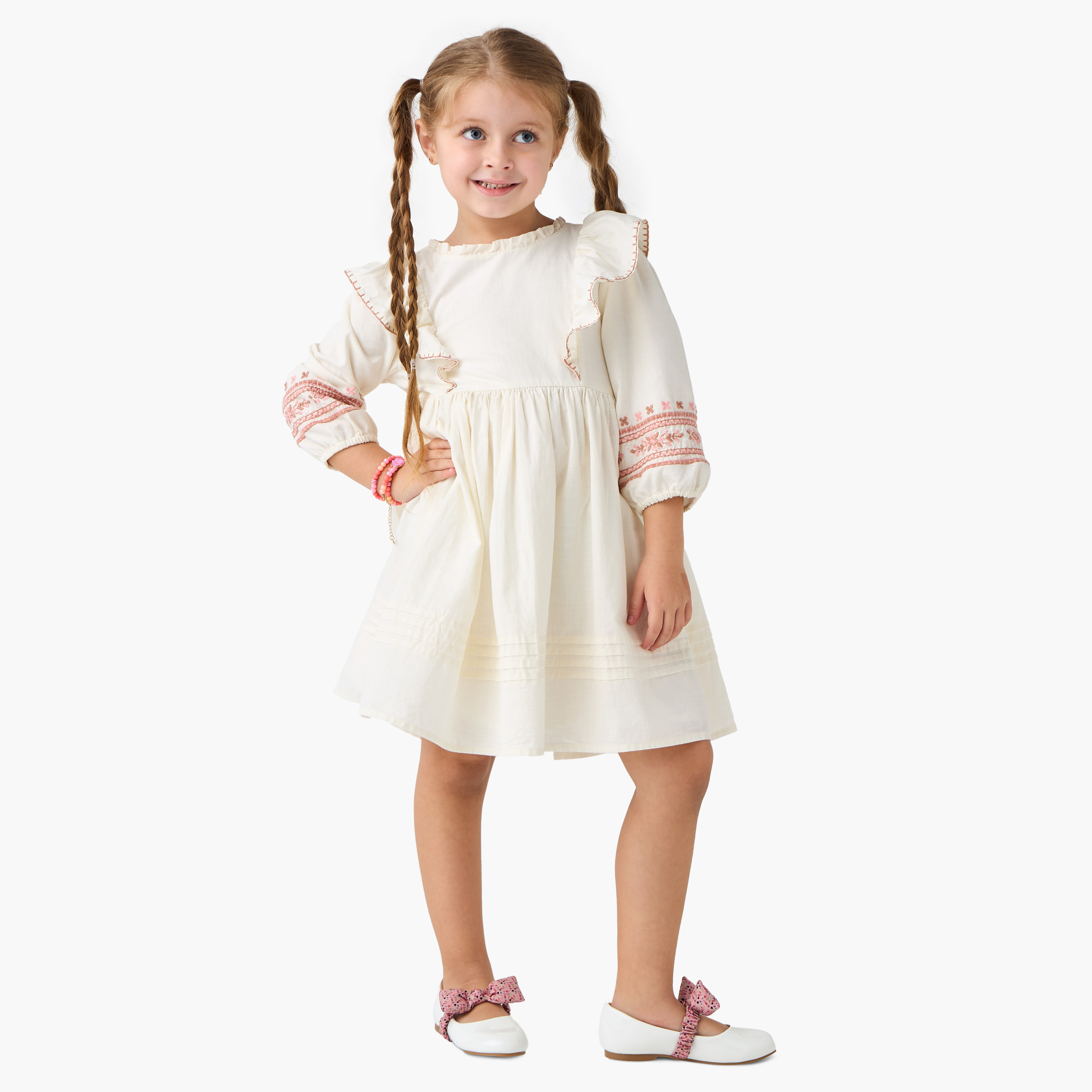 Eligo Embroidered A-line Dress with Long Sleeves and Ruffle Detail-girls-clothing-dressesandjumpsuits-image-2