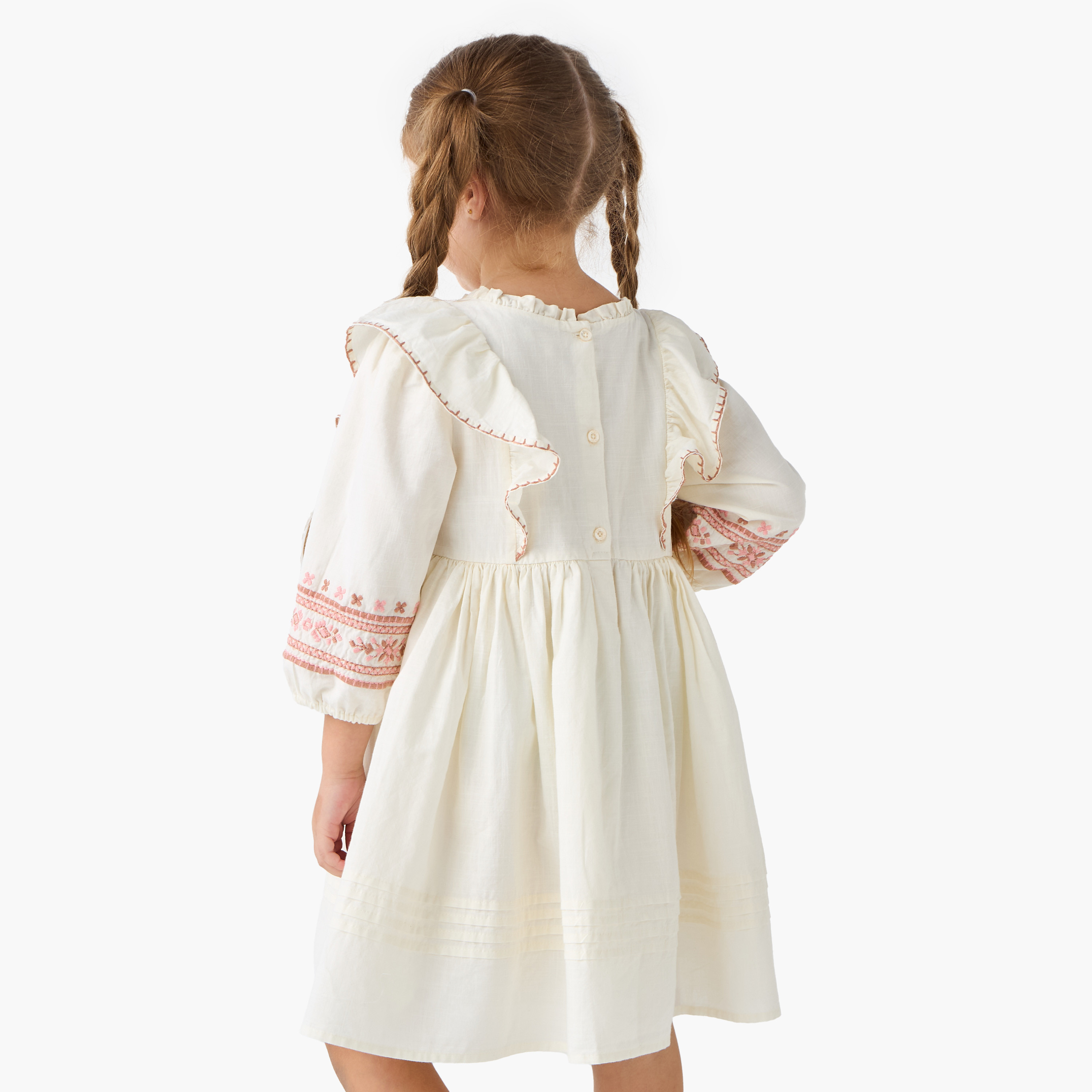 Eligo Embroidered A-line Dress with Long Sleeves and Ruffle Detail-girls-clothing-dressesandjumpsuits-image-3