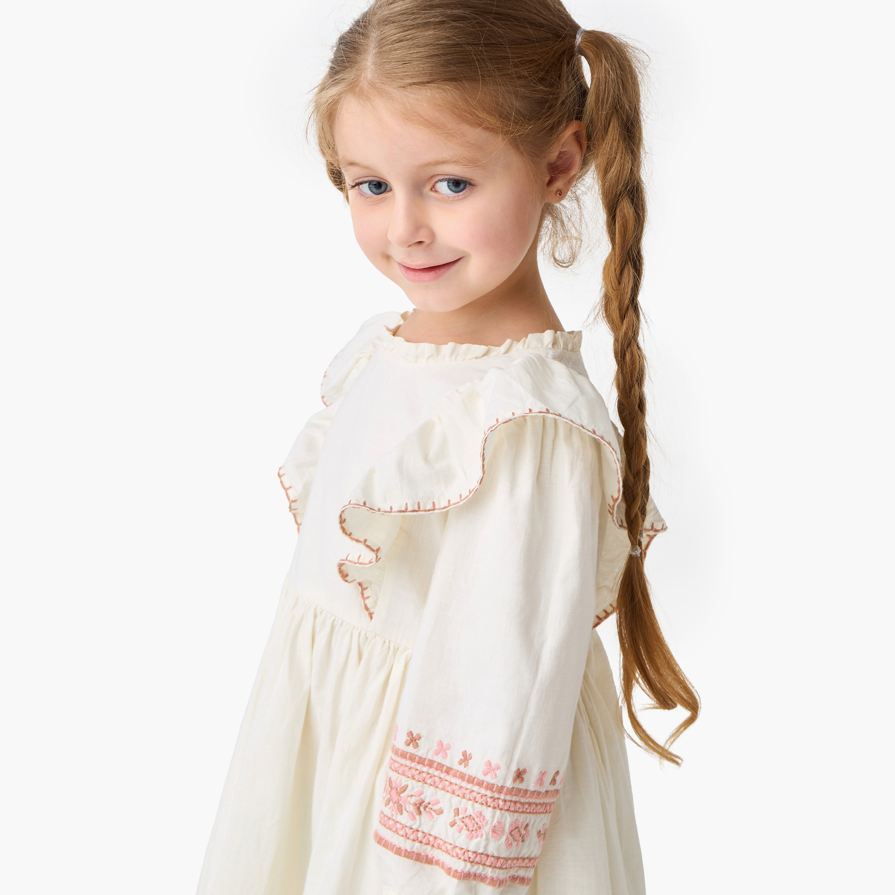 Eligo Embroidered A-line Dress with Long Sleeves and Ruffle Detail-girls-clothing-dressesandjumpsuits-image-4