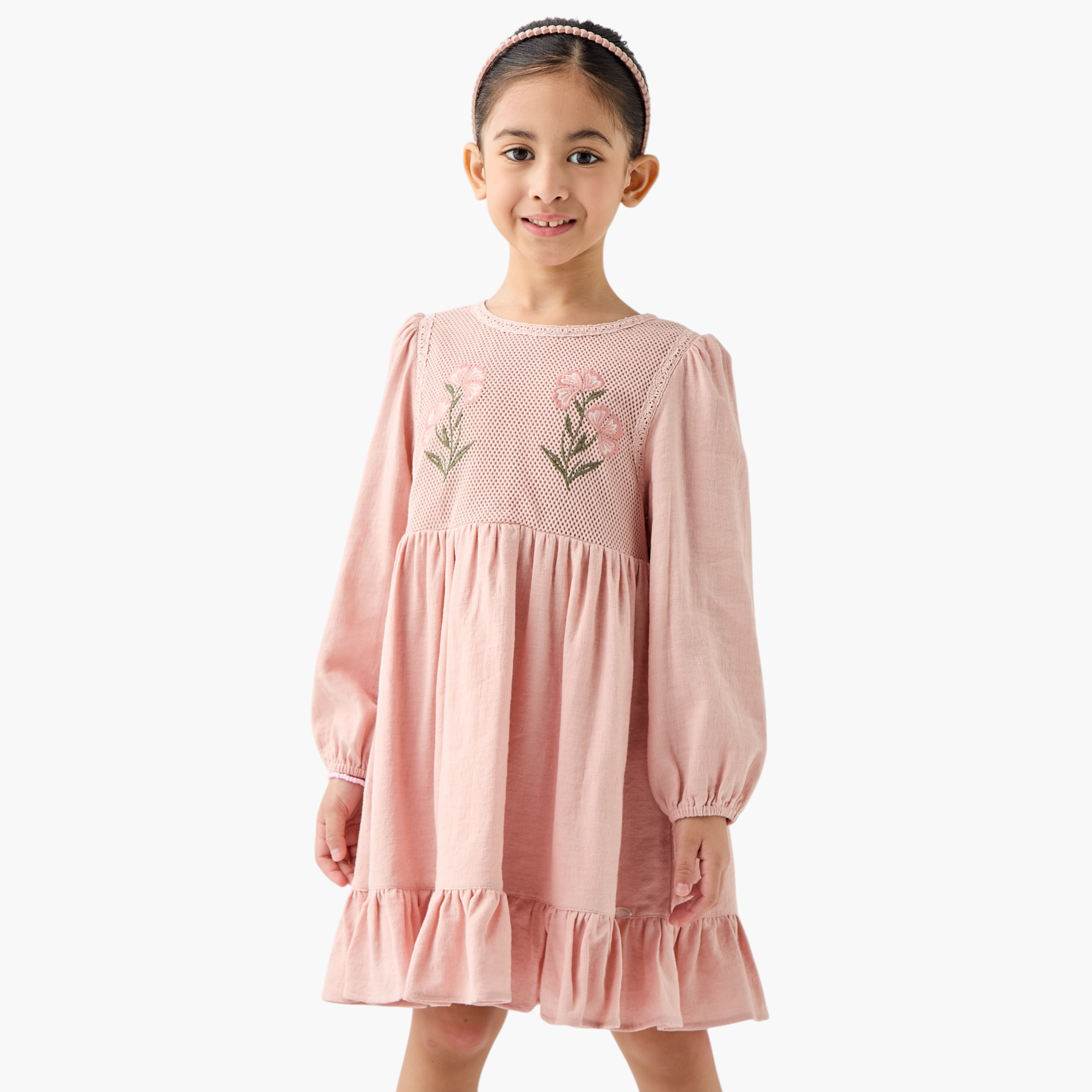 Eligo Floral Embroidered Dress with Long Sleeves and Ruffled Hem-girls-clothing-dressesandjumpsuits-image-1