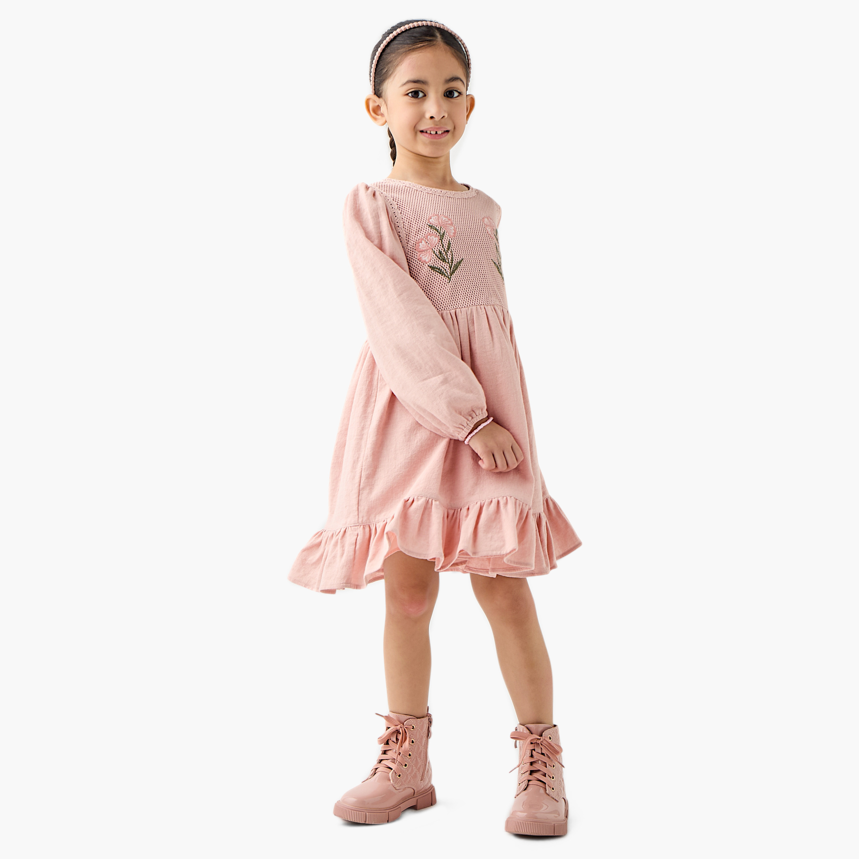Eligo Floral Embroidered Dress with Long Sleeves and Ruffled Hem-girls-clothing-dressesandjumpsuits-image-2