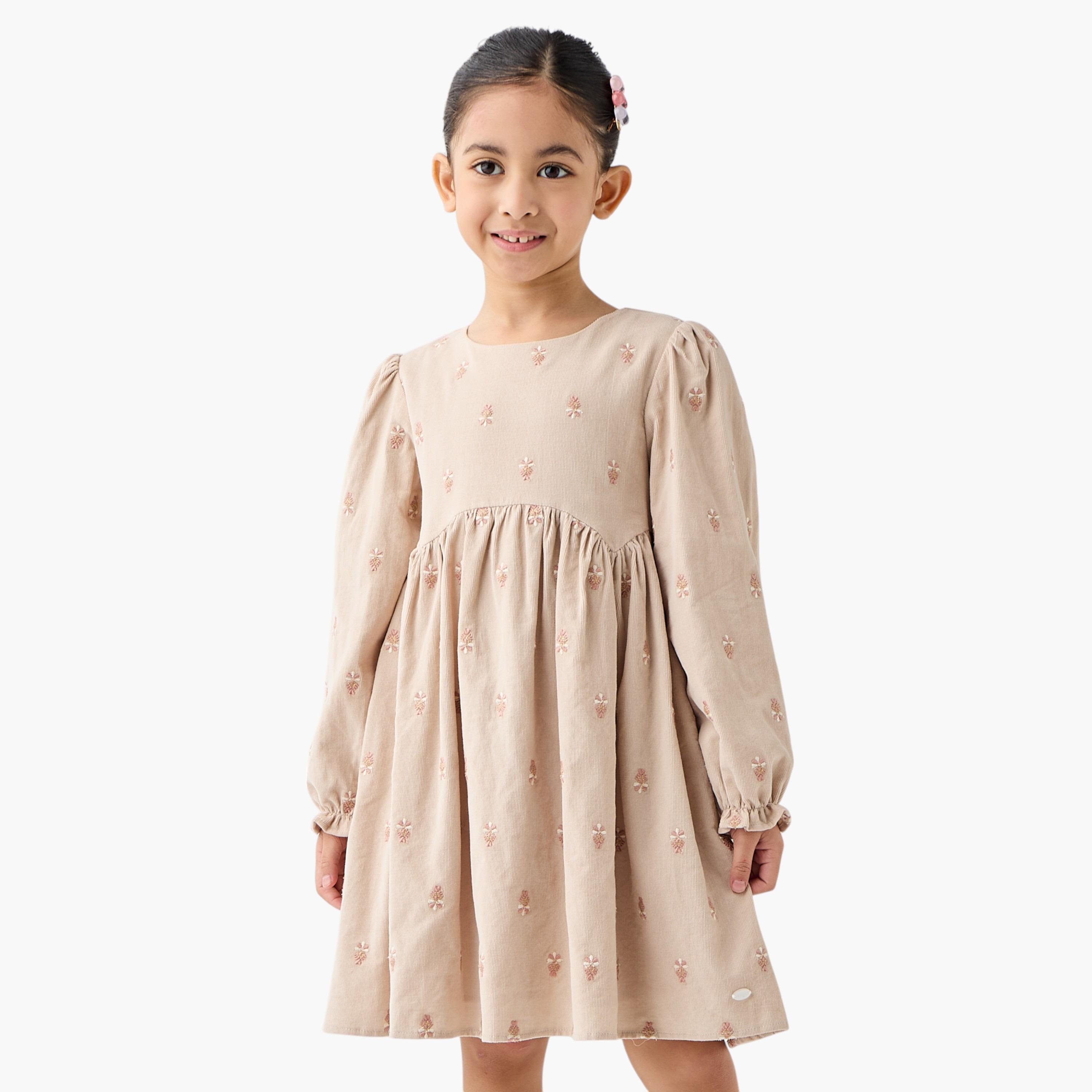 Eligo Floral Embroidered A-line Dress with Long Sleeves-girls-clothing-winterwear-dresses-image-1