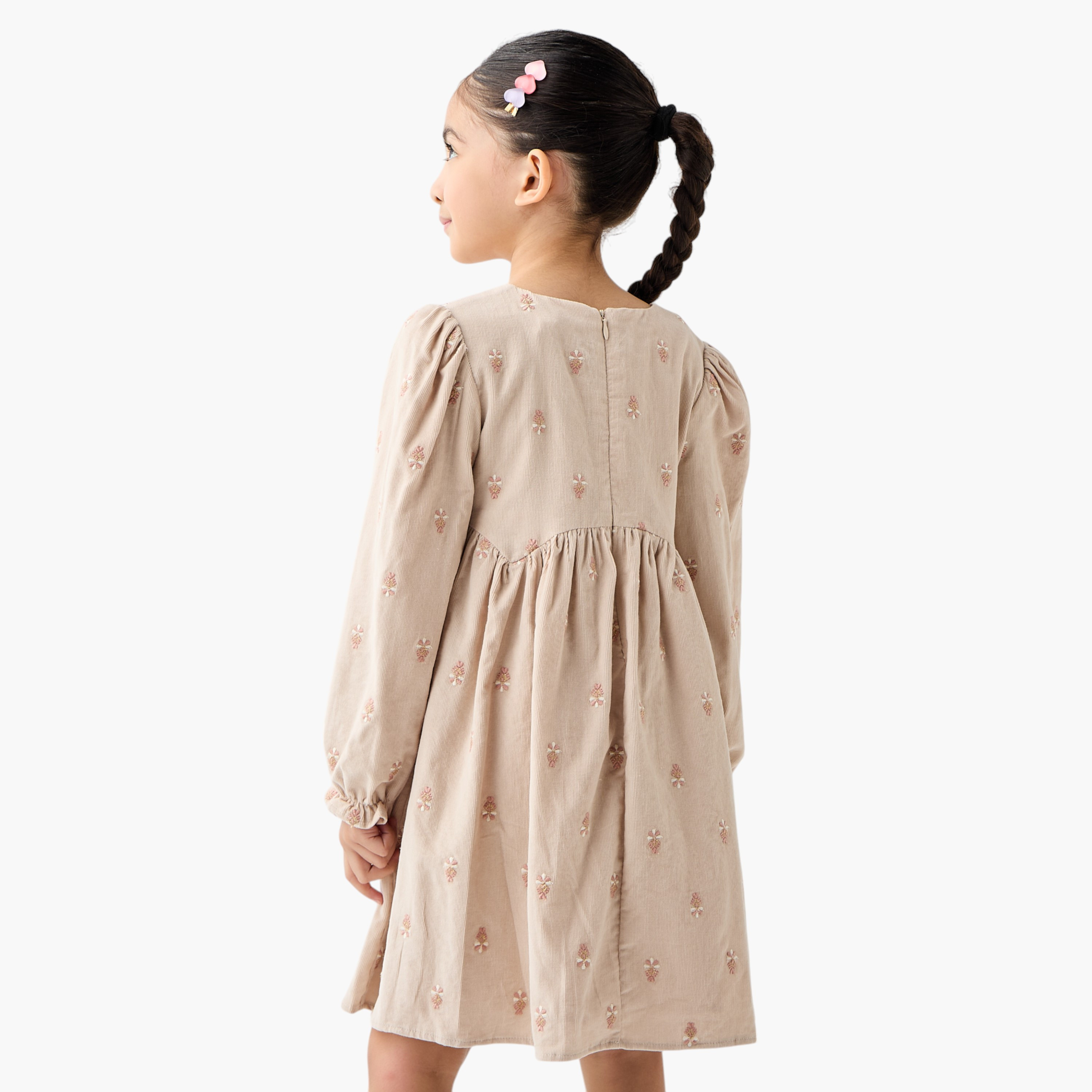 Eligo Floral Embroidered A-line Dress with Long Sleeves-girls-clothing-winterwear-dresses-image-3