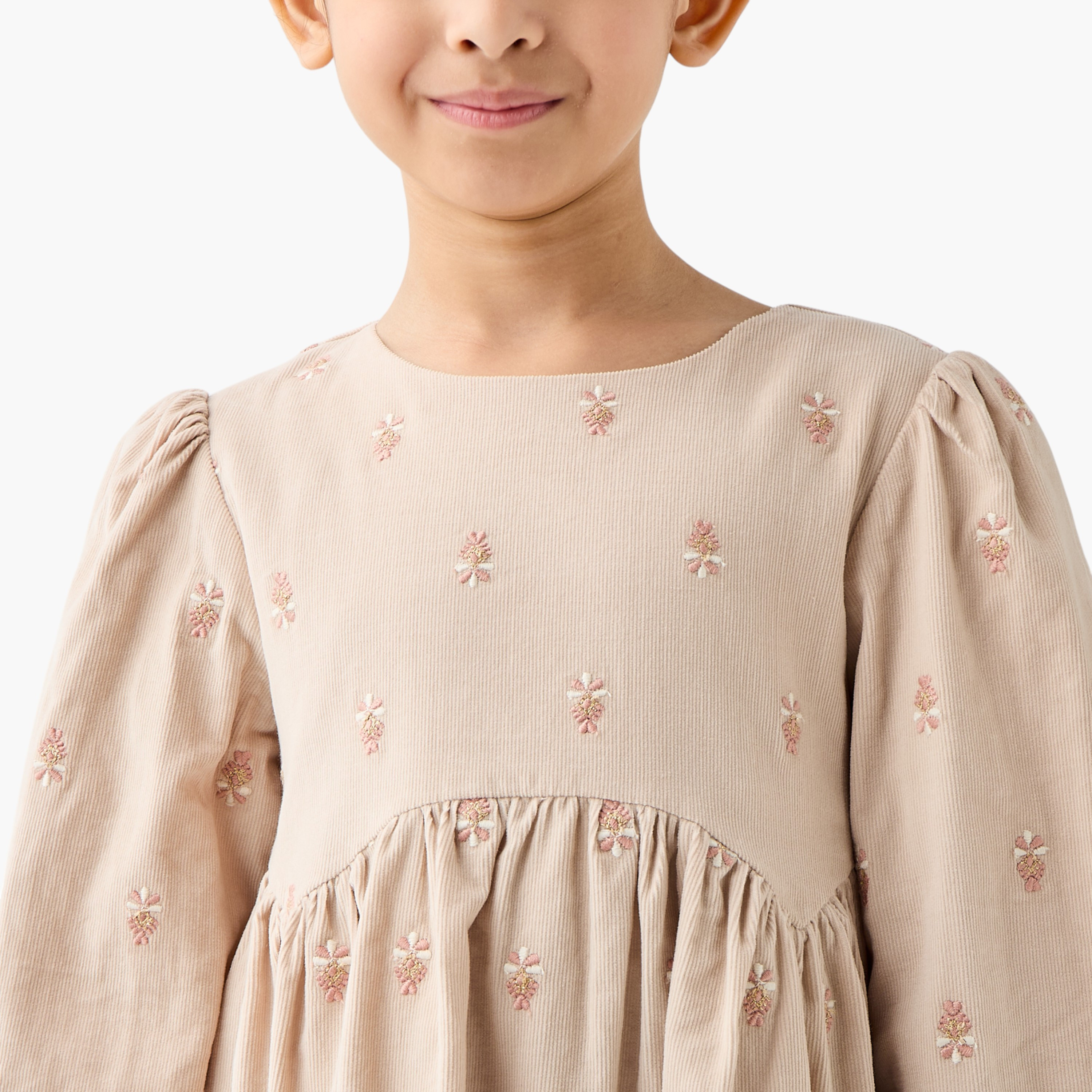 Eligo Floral Embroidered A-line Dress with Long Sleeves-girls-clothing-winterwear-dresses-image-4