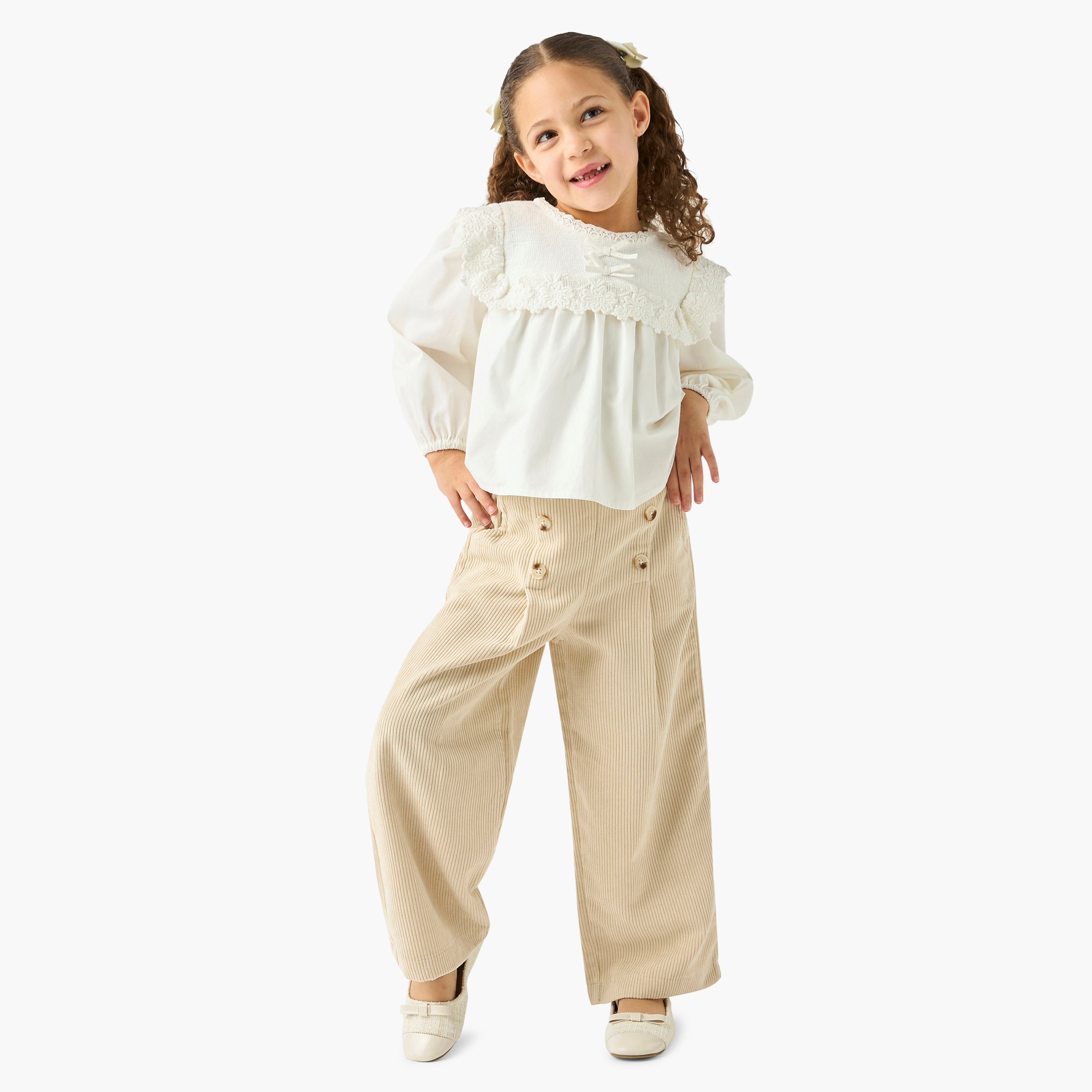 Eligo Lace Detail Crew Neck Top and Ribbed Pants Set-baby-girls-clothing-setsandcoords-image-1
