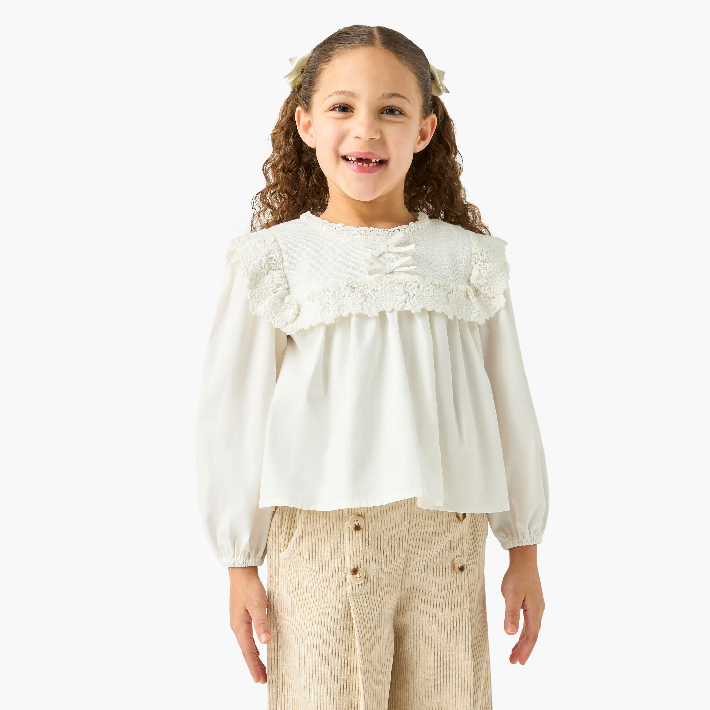 Eligo Lace Detail Crew Neck Top and Ribbed Pants Set-baby-girls-clothing-setsandcoords-image-2