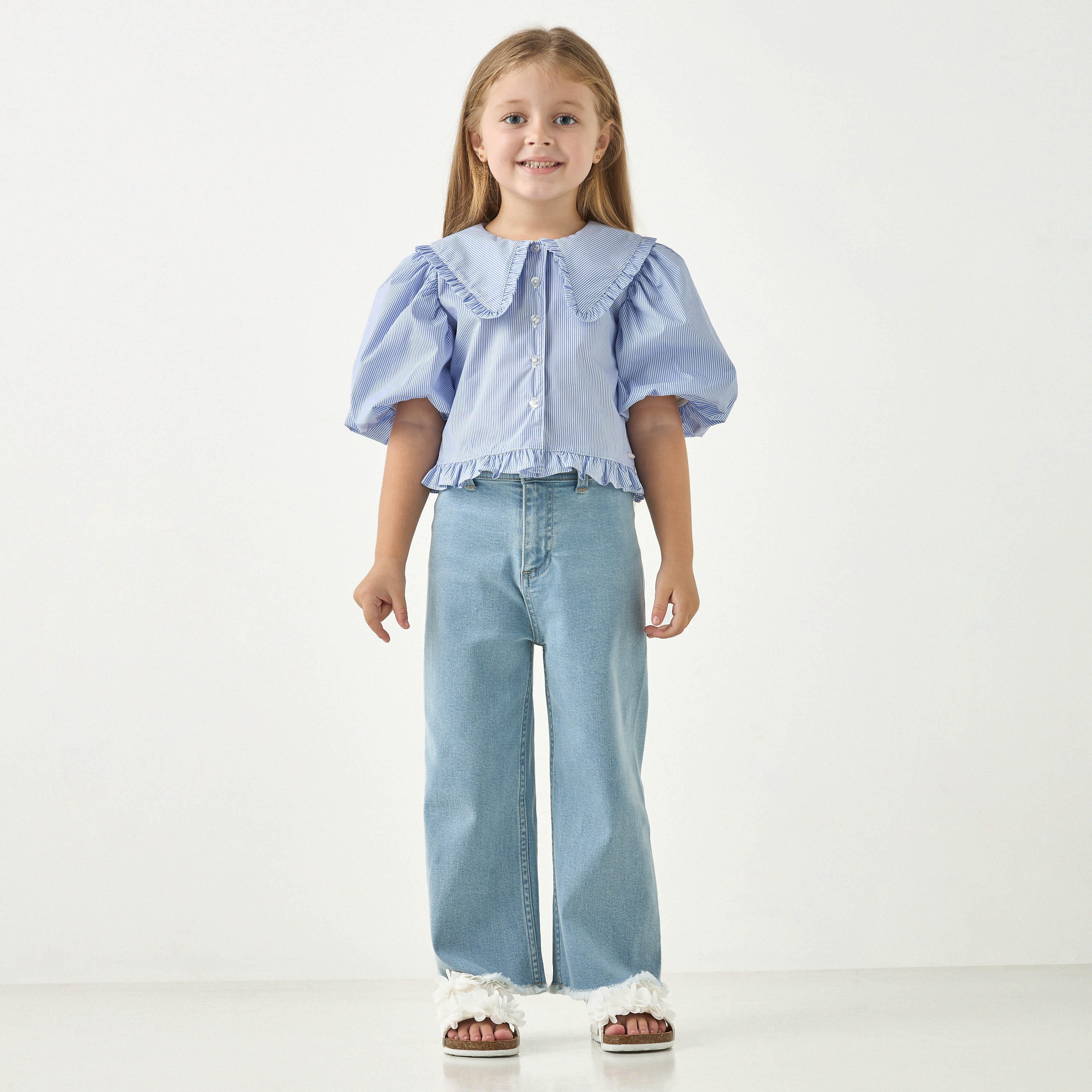 قميص مخطط بياقة بيتر بان وأكمام منفوخة من لي كوبر-girls-clothing-blousesandshirts-image-1