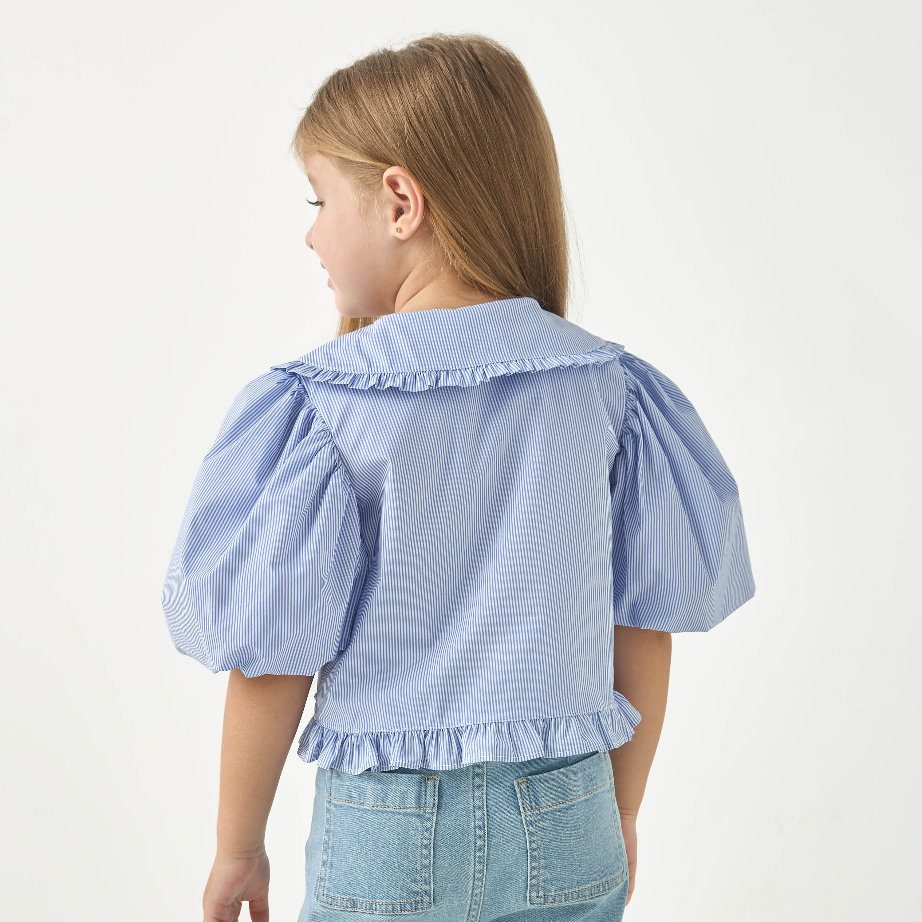 قميص مخطط بياقة بيتر بان وأكمام منفوخة من لي كوبر-girls-clothing-blousesandshirts-image-3
