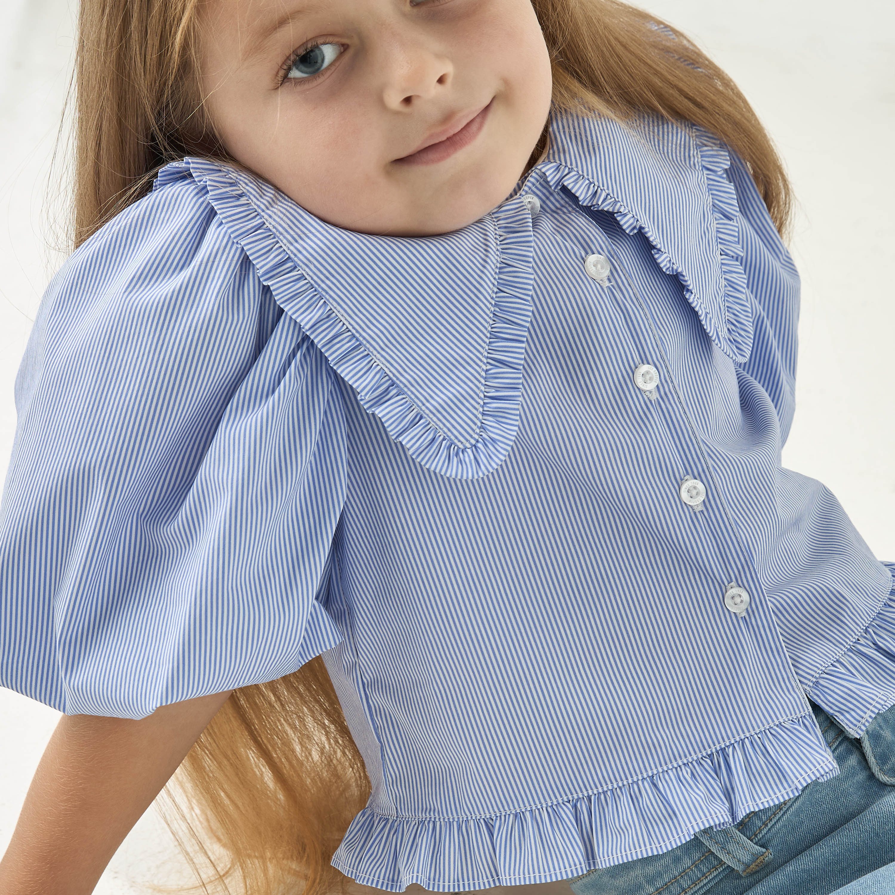 قميص مخطط بياقة بيتر بان وأكمام منفوخة من لي كوبر-girls-clothing-blousesandshirts-image-4