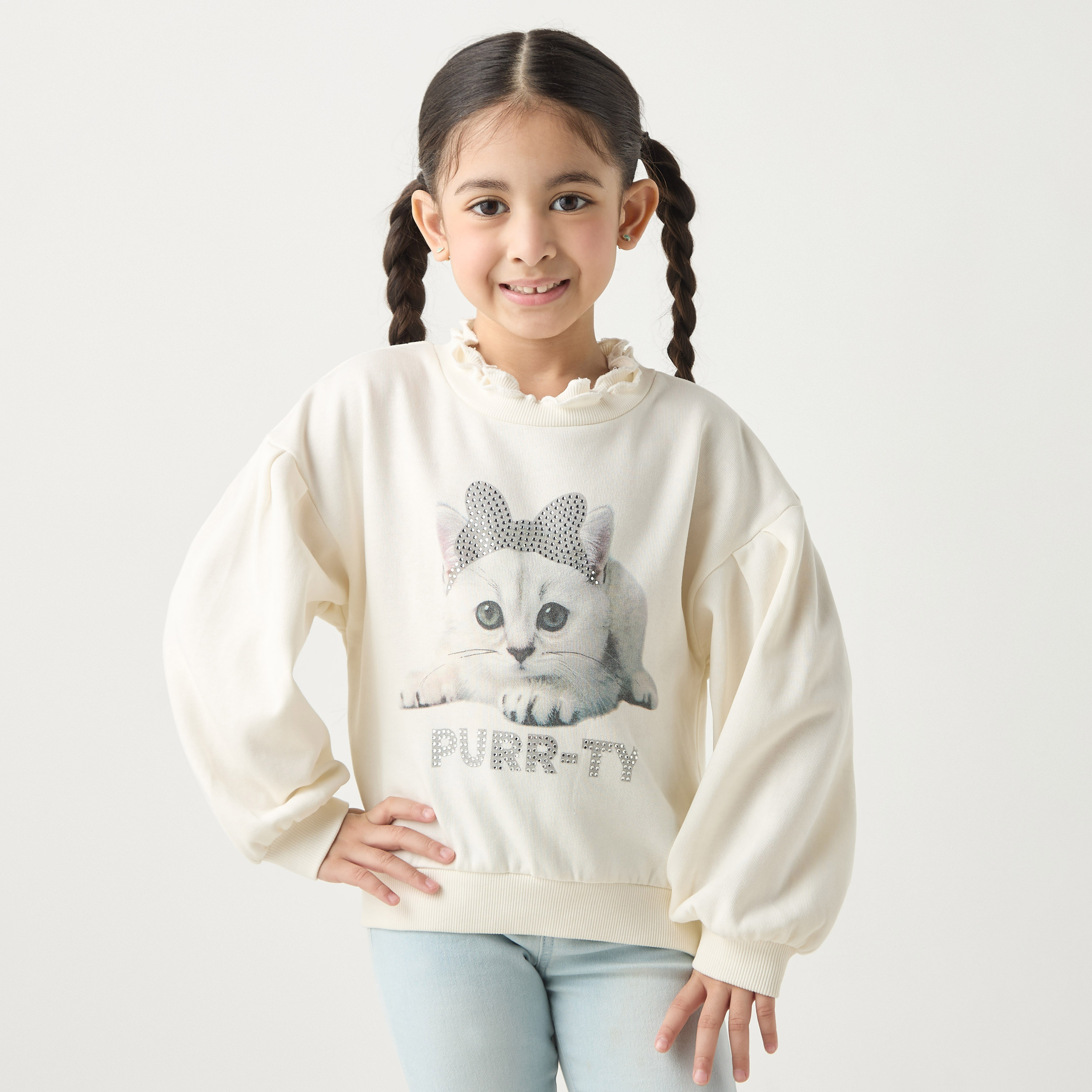 Lee Cooper Cat Print Sweatshirt with Volume Sleeves-girls-clothing-sweatshirts-image-1