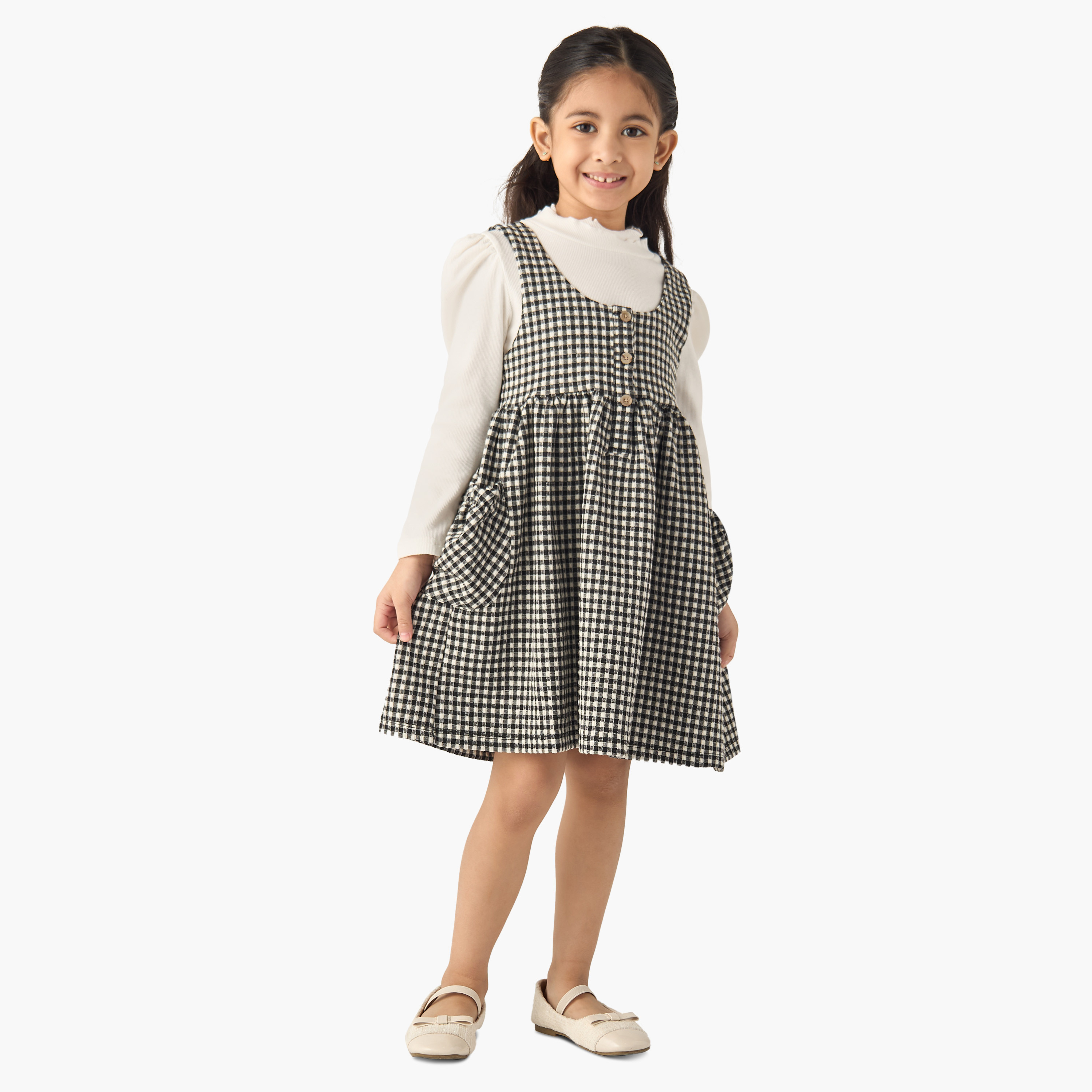 Lee Cooper Solid Long Sleeves T-shirt and Checked Pinafore Set-girls-clothing-setsandcoords-image-1